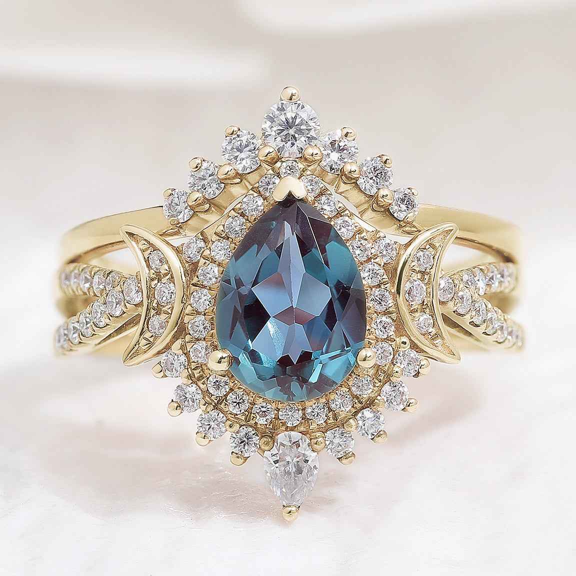 Unique Pear Shaped Alexandrite Engagement Ring Set Moissanite Cluster Wedding Band