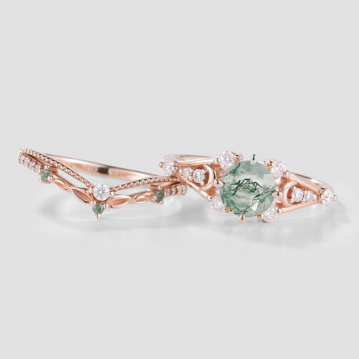 Round Cut Moss Agate Engagement Ring Set Leaf Wedding Band 2pcs