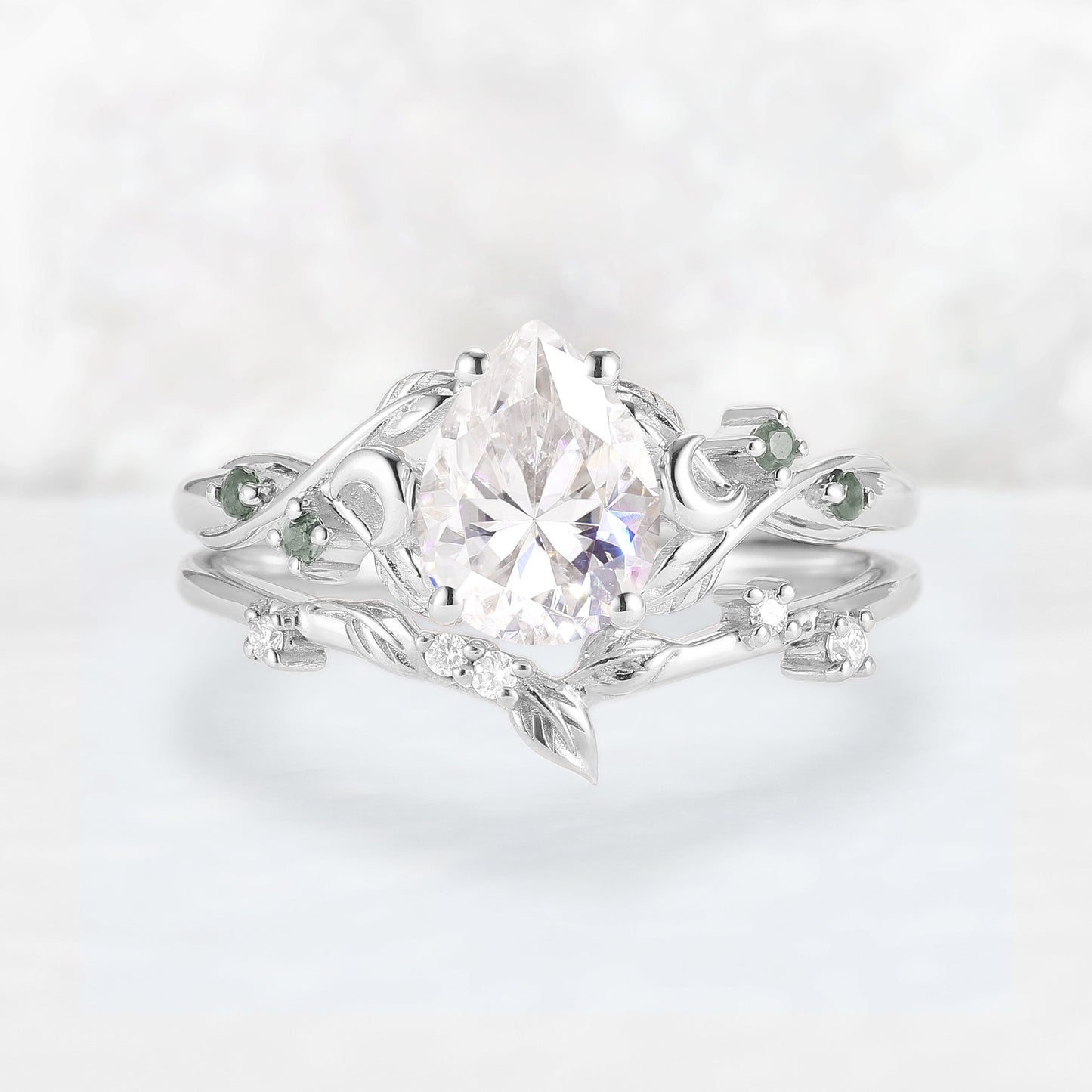 Nature Inspired Pear Cut Moissanite Moon Gemstone Ring Set 2pcs