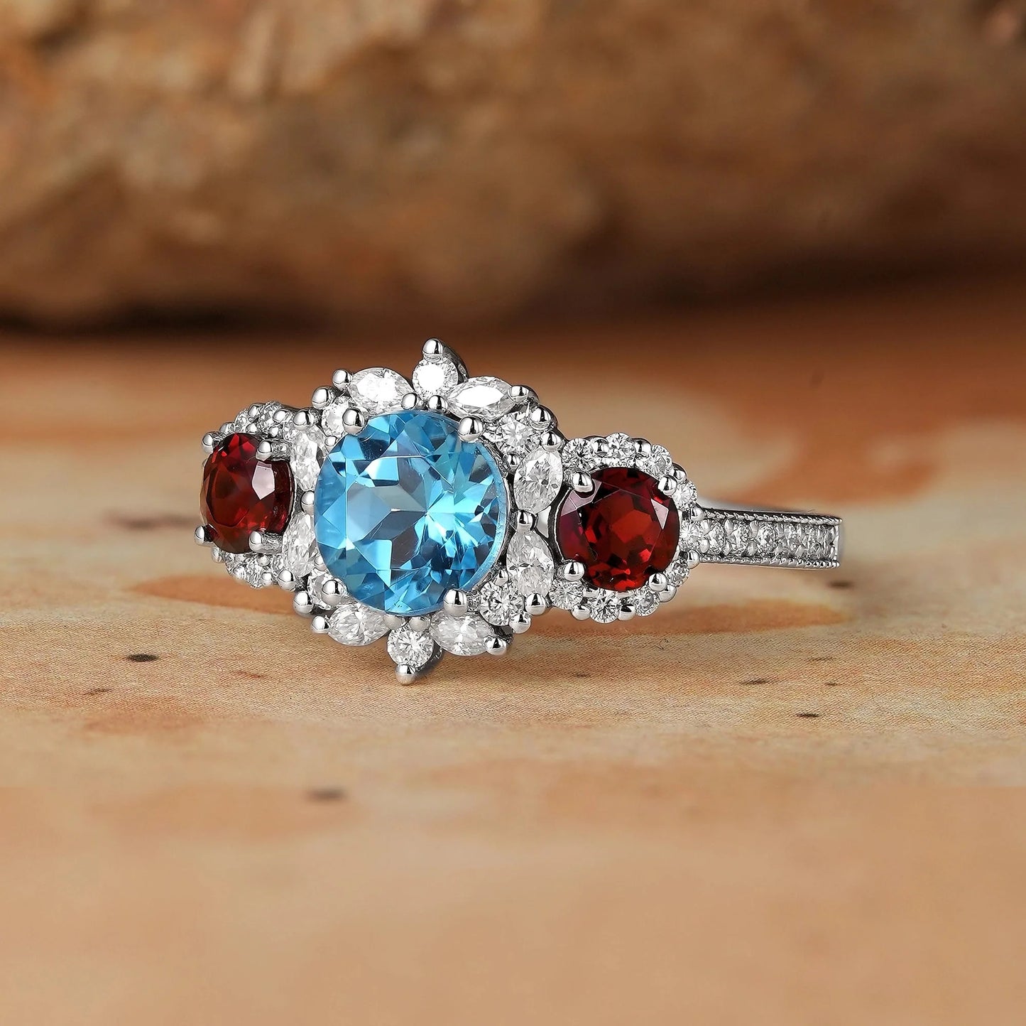 3-Stones Blue Topaz White Gold Halo Engagement Ring-Coraline