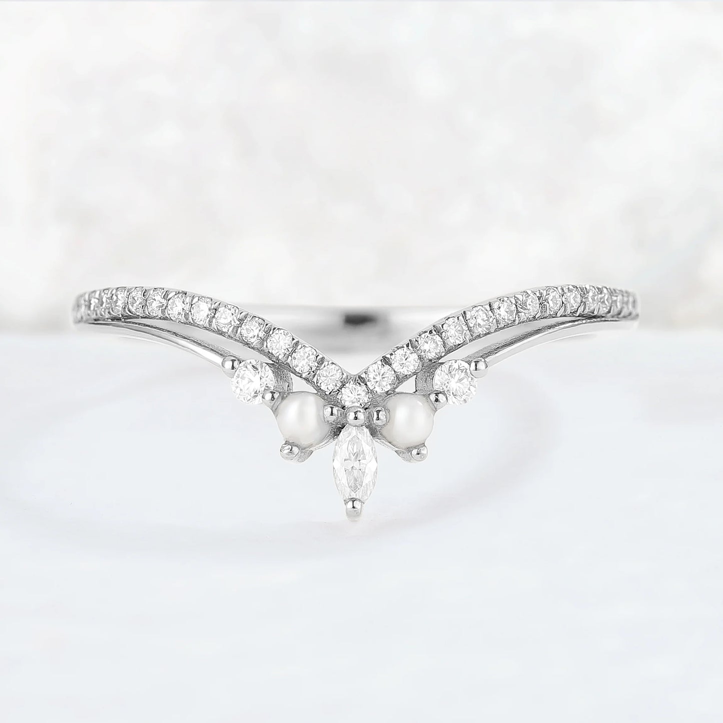 Chevron Moissanite and Pearl 10k Rose Gold Stacking Ring
