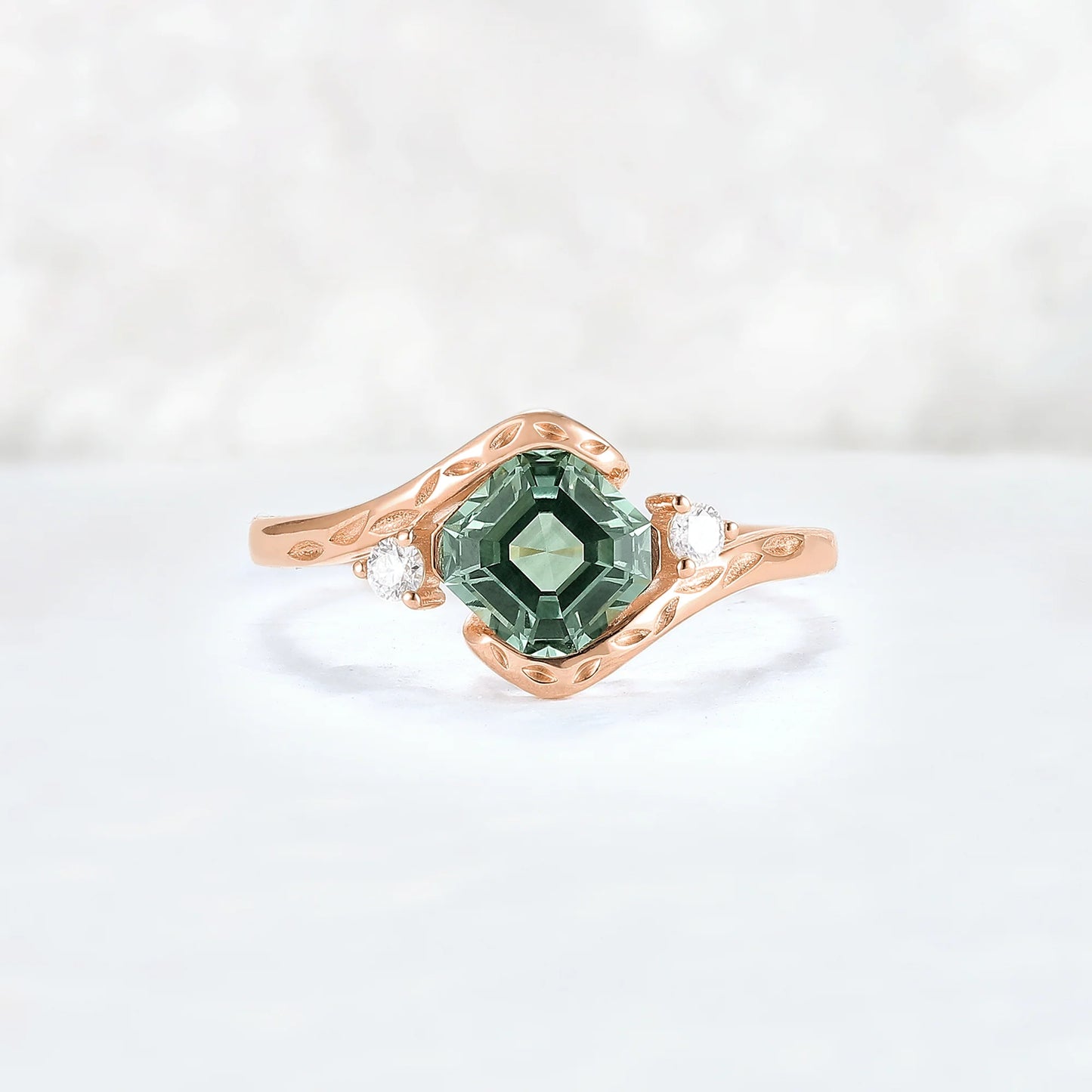 Cluster Asscher Cut Green Sapphire Three Gemstone Ring