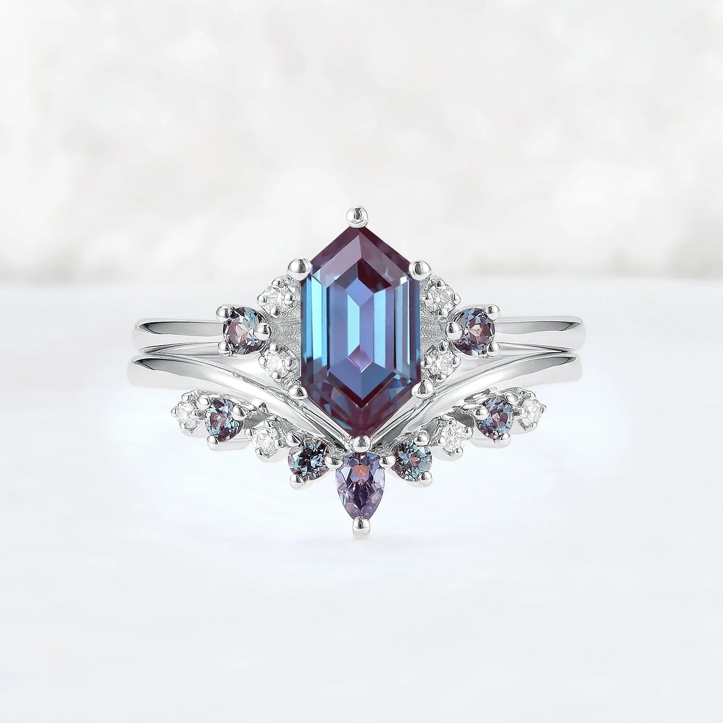 Cluster Hexagon Cut Alexandrite Seven Stone Gemstone Ring Set 2pcs