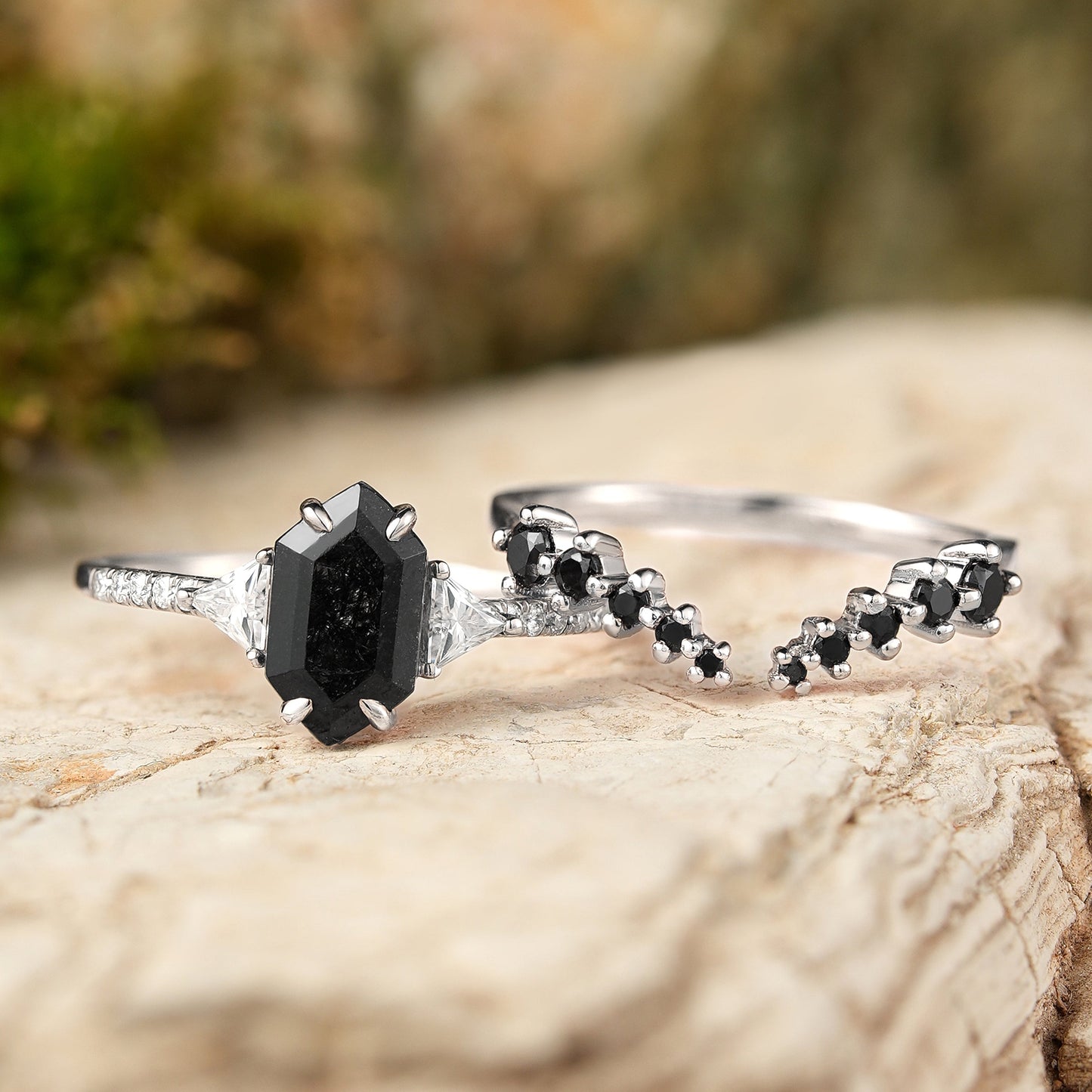 Cluster Hexagon Cut Black Rutilated Quartz Half Enternity Silver Ring Set 2pcs