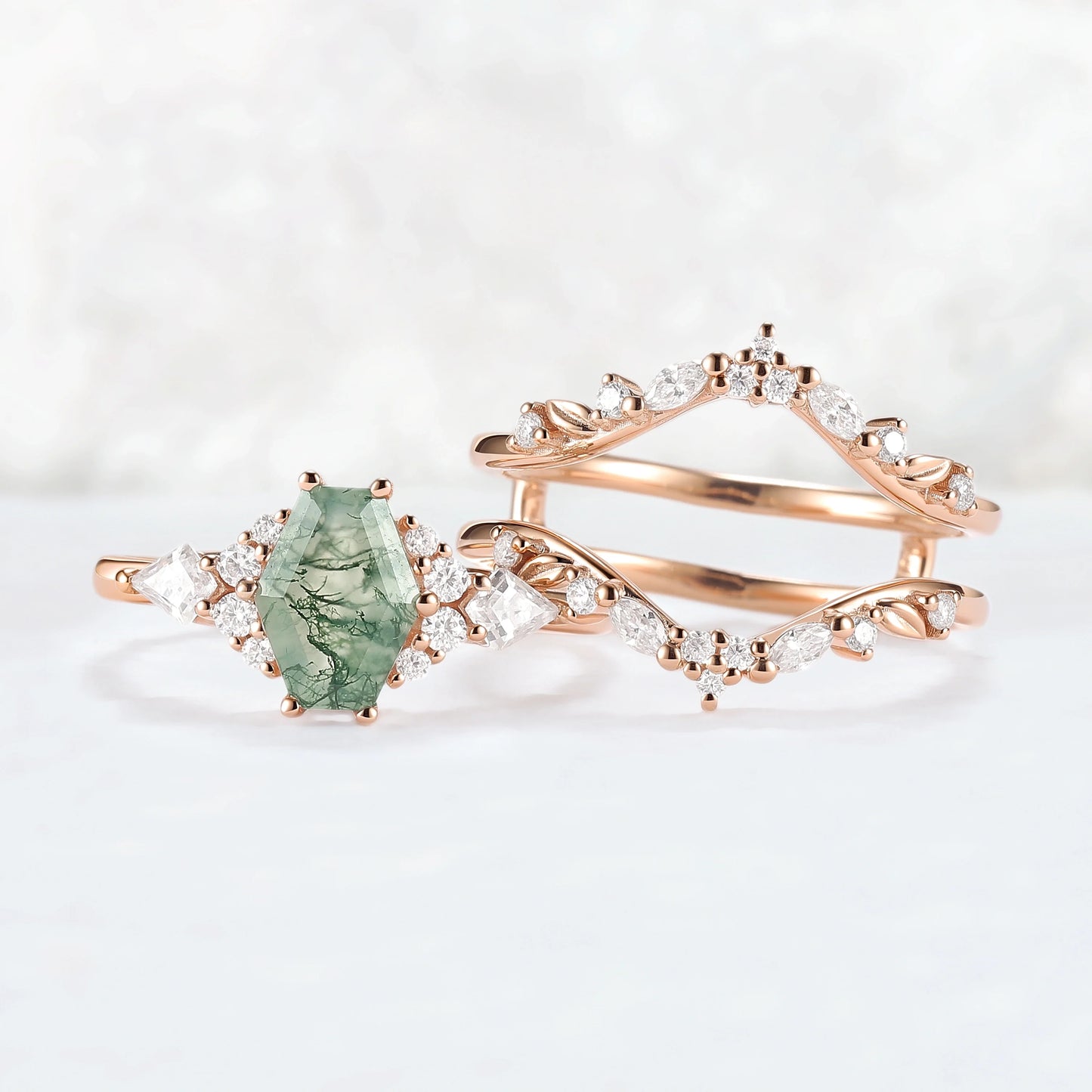 Unique Kite Cut Moss Agate Leafy Engagement Ring Enhancer