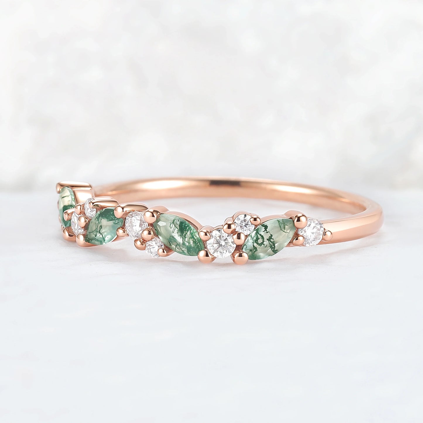 Cluster Marquise Cut Moss Agate and Round Moissanite Stacking Ring