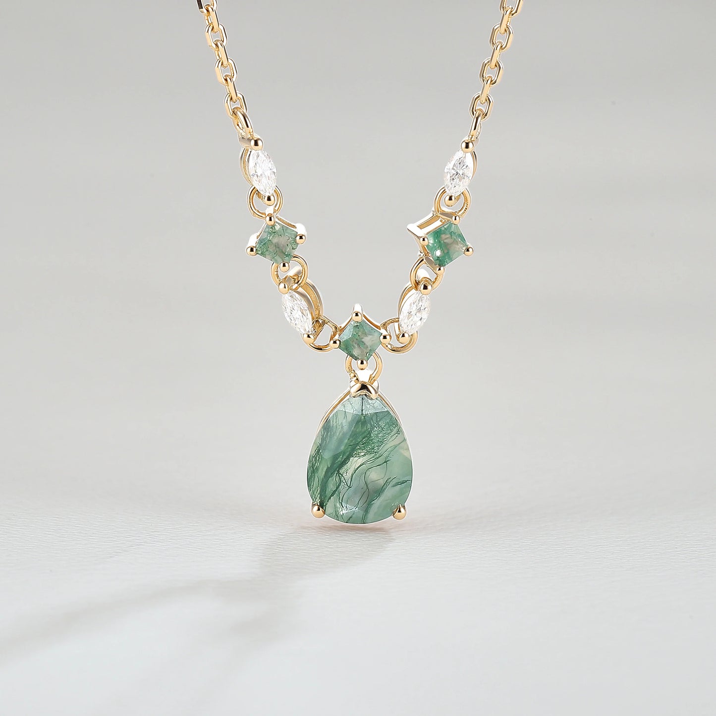 Cluster Pear Cut Moss Agate and Moissanite Necklace