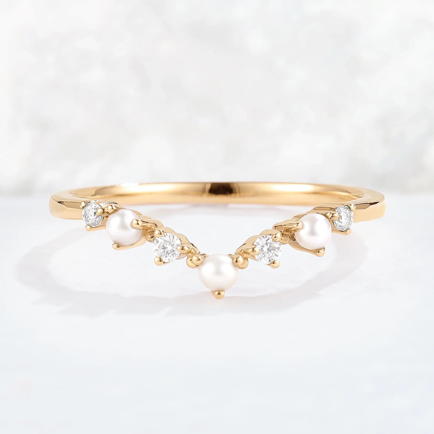 Curved Round Cut Moissanite and Pearl Stacking Ring