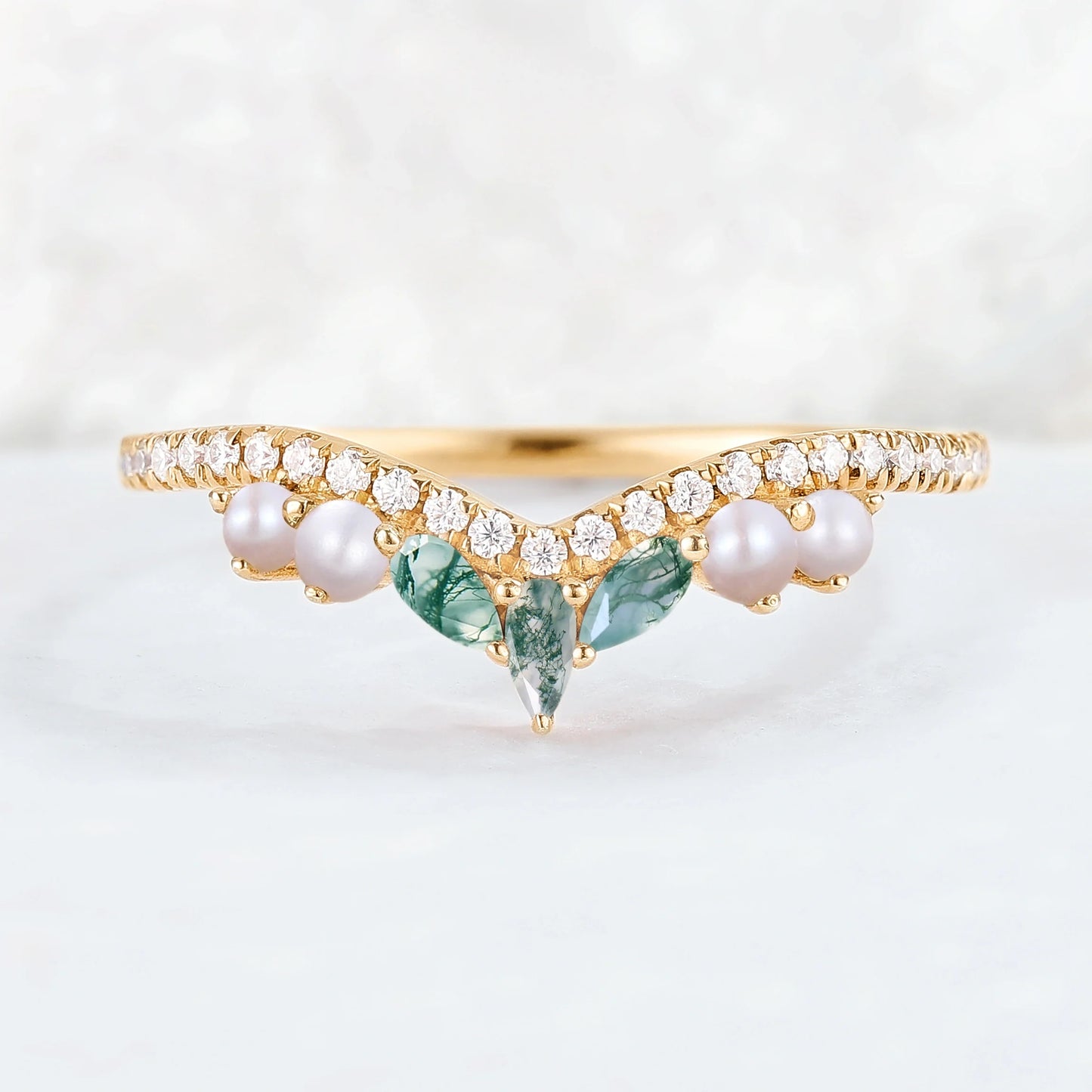 Curved Marquise Cut Moss Agate and Round Pearl 14k Rose Gold Stacking Ring