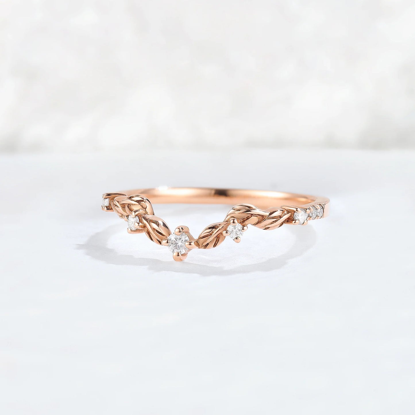 Curved Round Cut Moissanite Leaf Rose Gold Stacking Ring