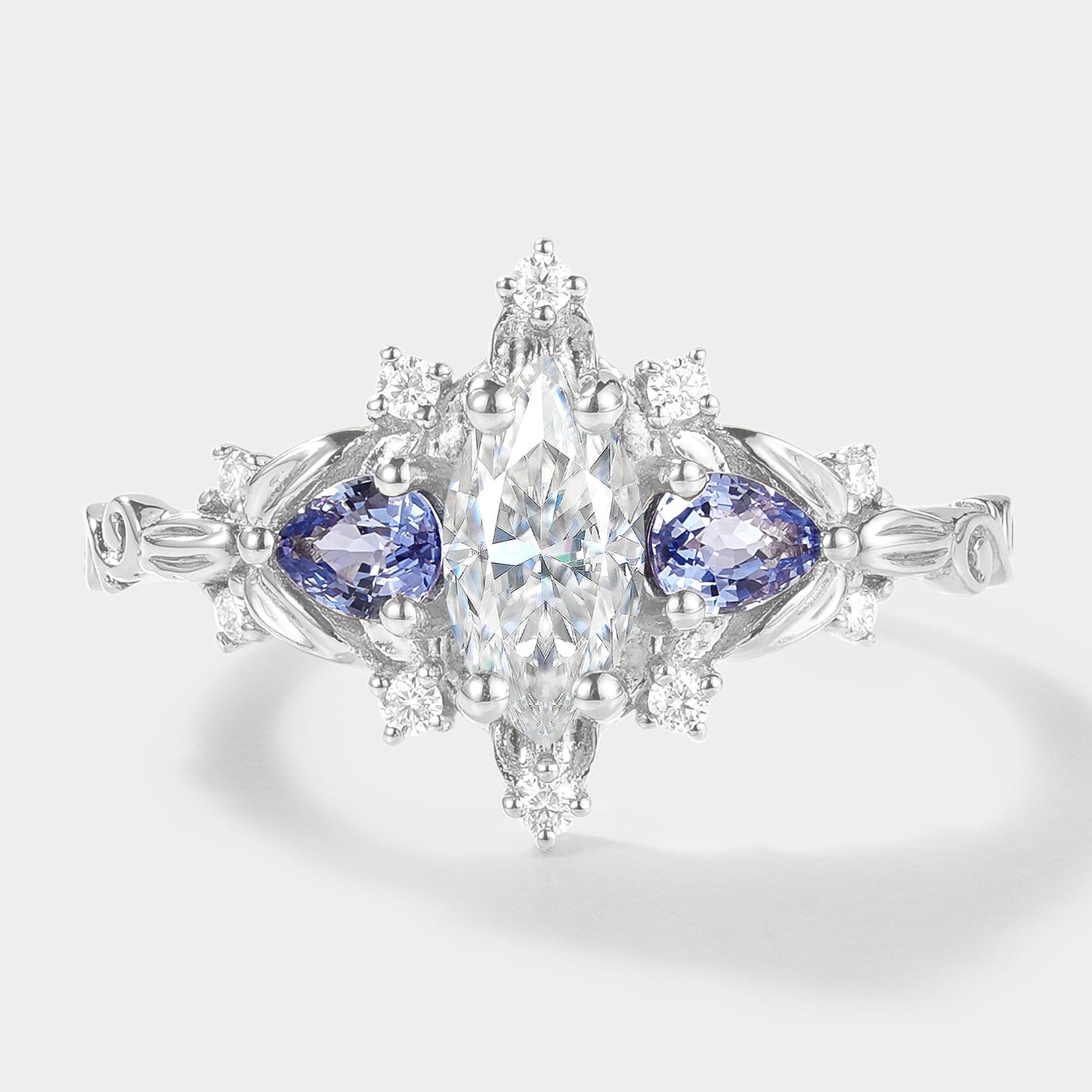 Marquise Cut Moissanite Leaf Engagement Ring Sapphire Cluster