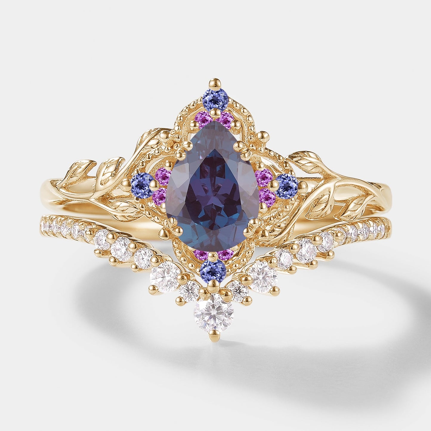 Nature Inspired Leaf Alexandrite Engagement Ring Set 2pcs