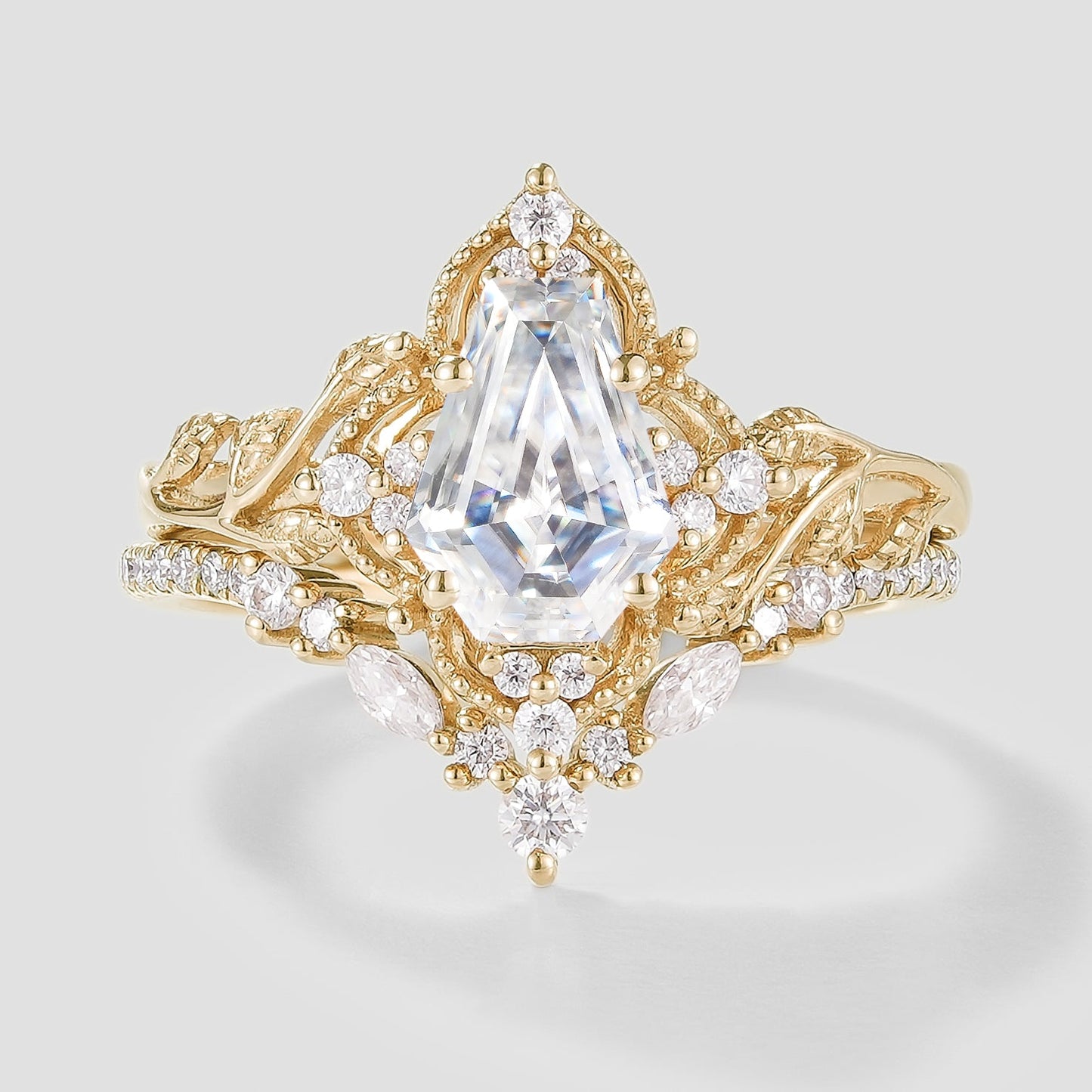 Unique Coffin Cut Moissanite Engagement Ring Leaf Bridal Set 2pcs