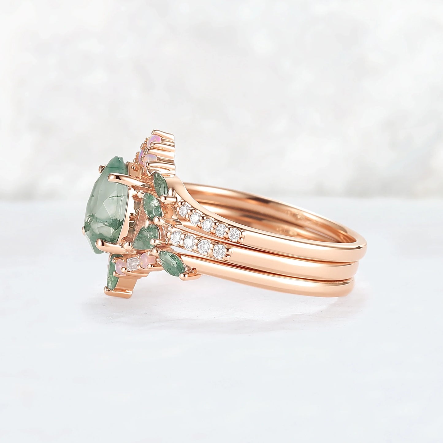 Evergreen Glow Pear-Cut Moss Agate Stacking Ring Set 3pcs