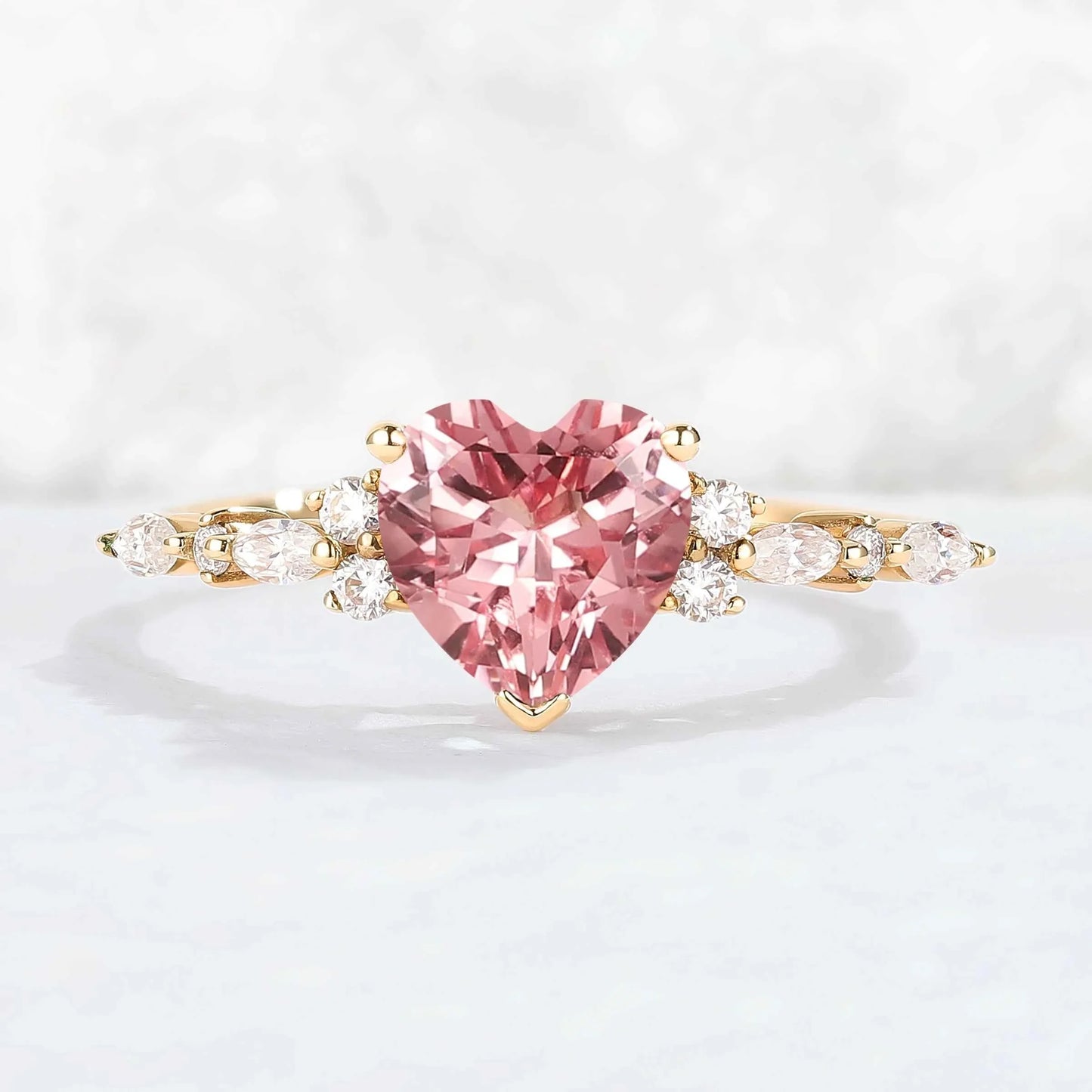 Heart Cut Pink Padparadscha and Moissanite Gemstone Ring