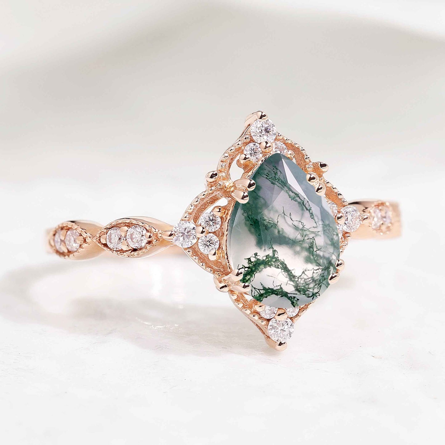 Signature Vintage Pear Cut Moss Agate Engagement Ring In Gold