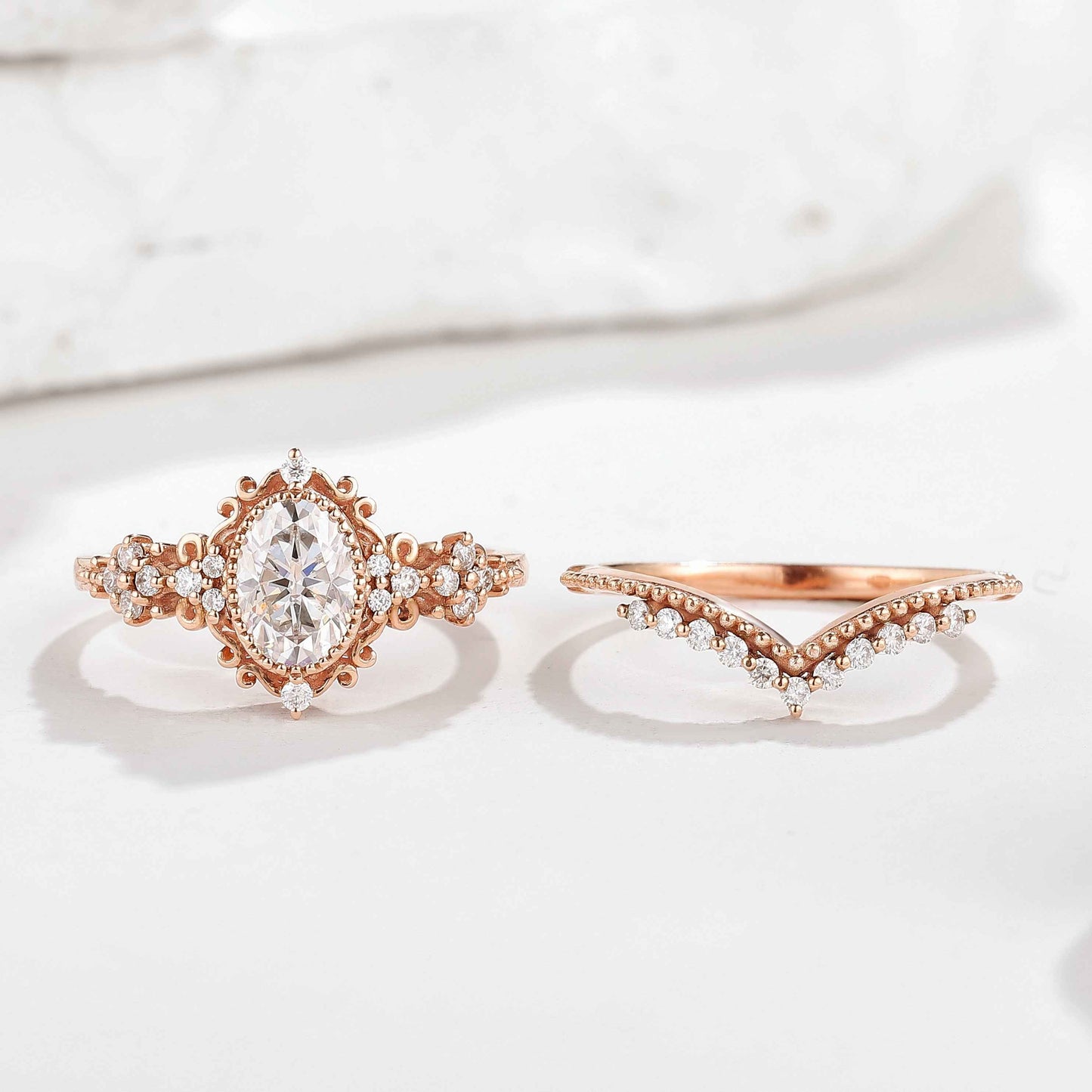 Signature Vintage Oval Cut Moissanite Engagement Bridal Set Rings