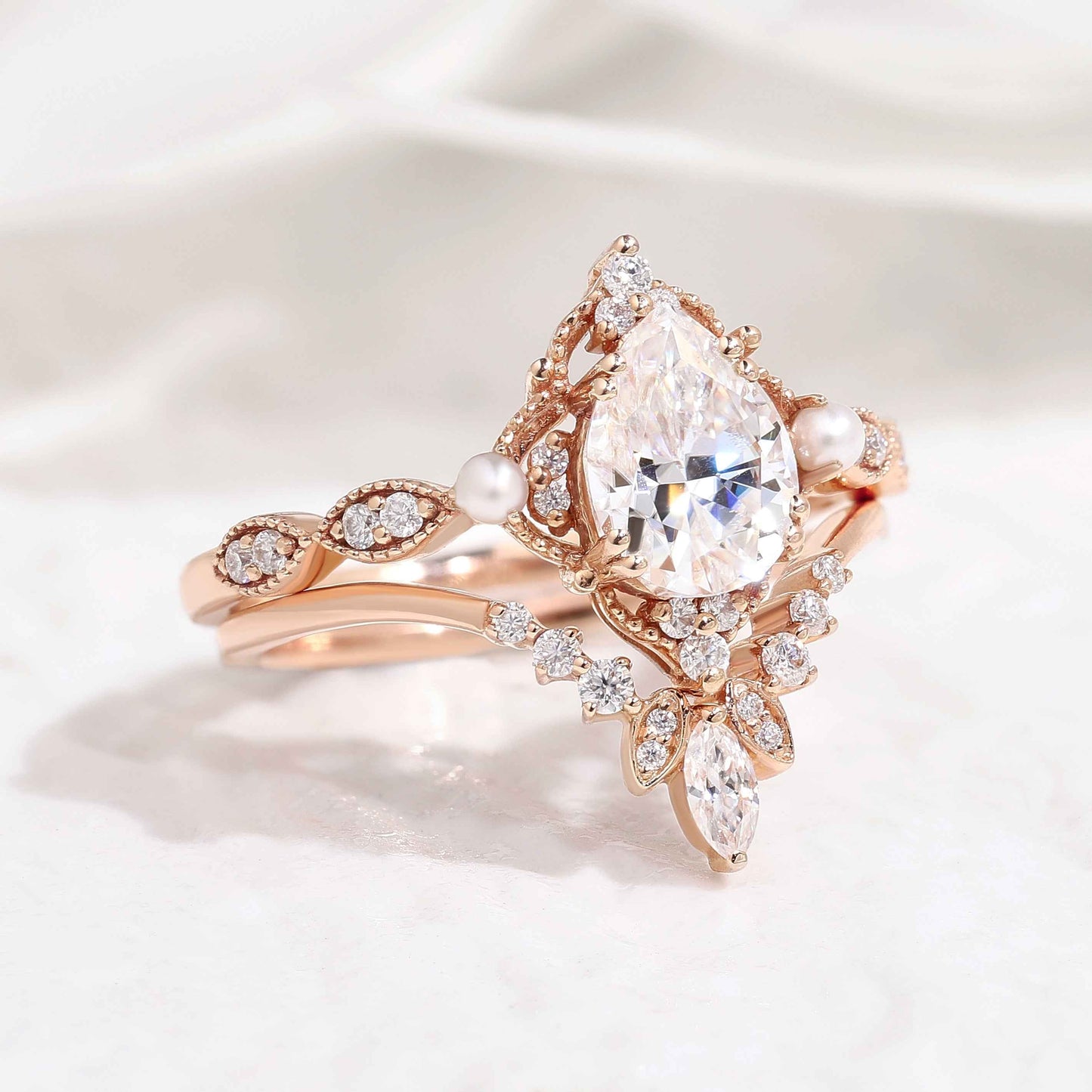 Vintage Pearl and Moissanite Engagement Ring Set Moissanite Cluster Wedding Band