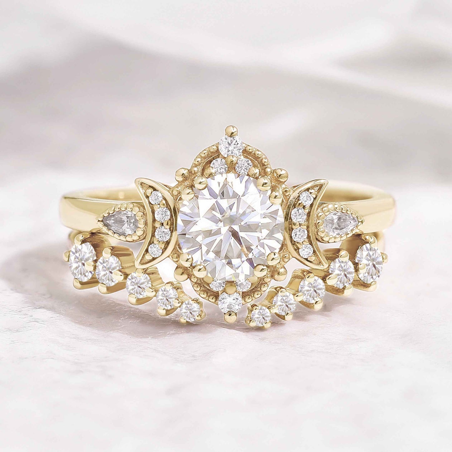 Unique Round Moissanite Engagement Ring Set With 2 Moons Open Wedding Band