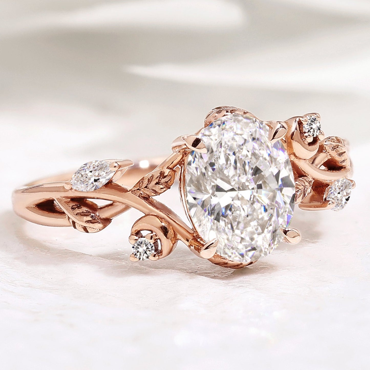 Oval Lab Grown Diamond Nature Inspired Leaf Engagement Ring