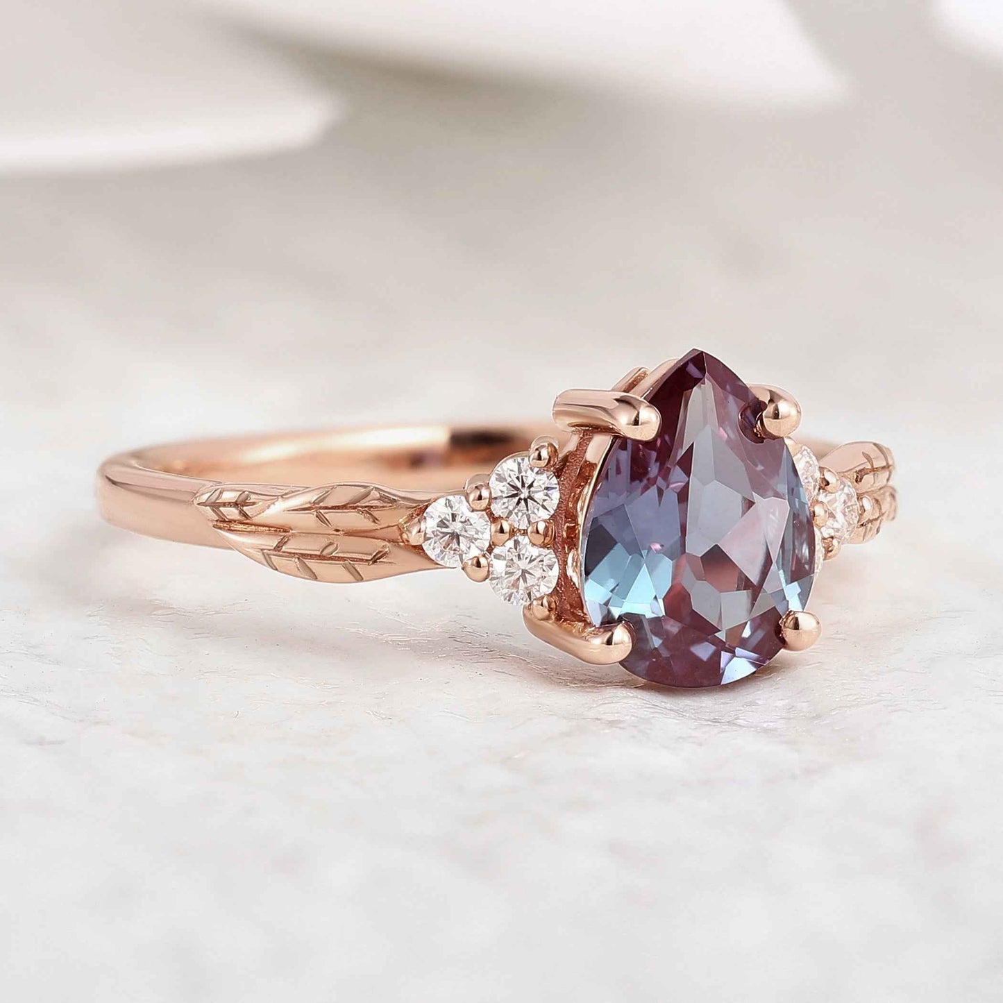 Nature Inspired Leafy Pear Cut Alexandrite Engagement Ring