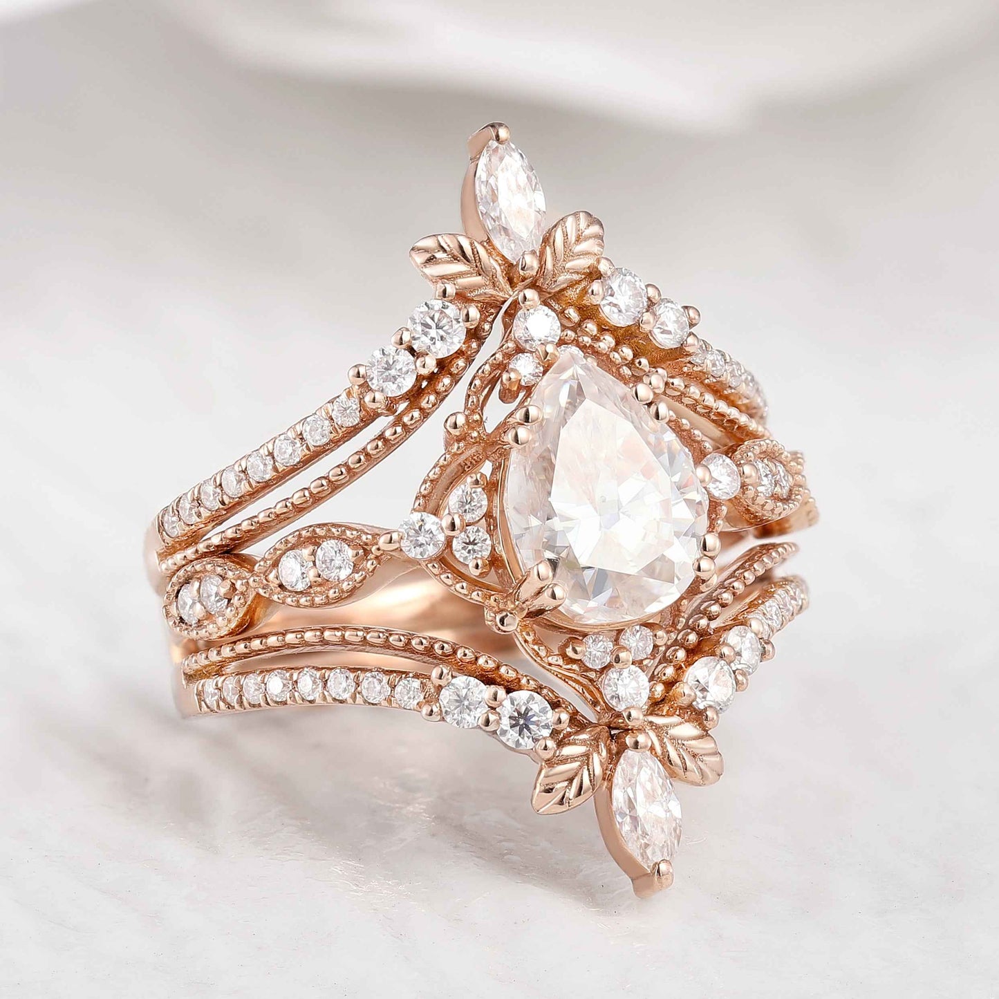 Nature Inspired Moissanite Engagement Ring Leaf Enhancer Wedding Band