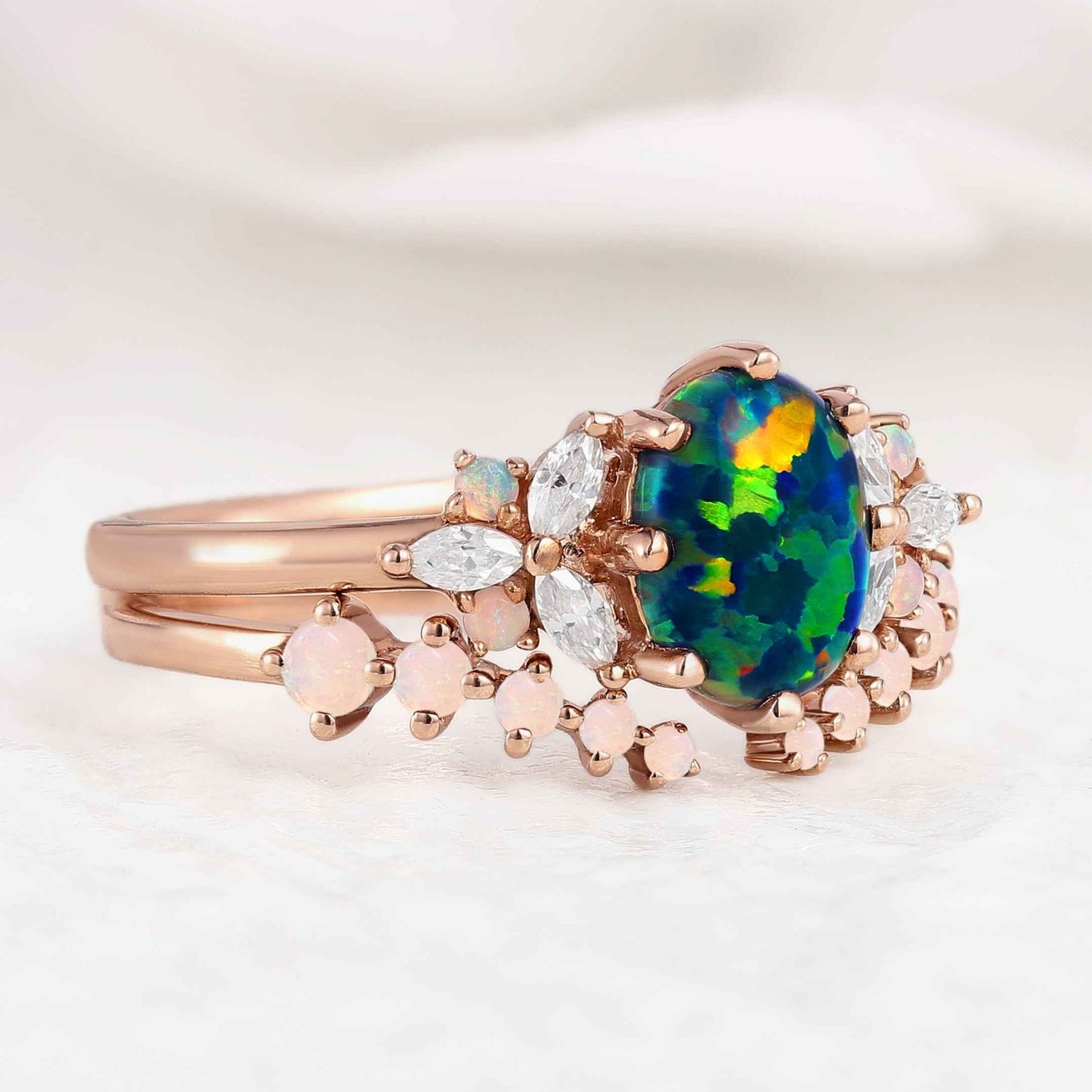 1.5ct Oval Opal Rose Gold Engagement Ring Set 2pcs