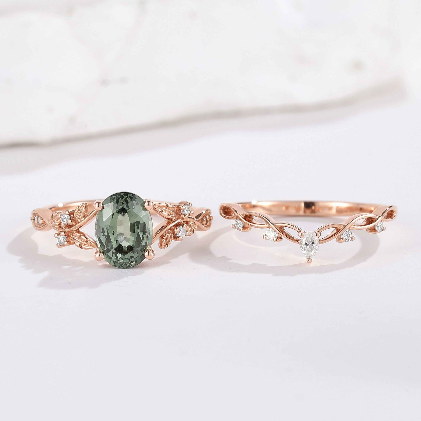 Nature Inspired Oval Cut Green Sapphire Engagement Ring Set 2pcs