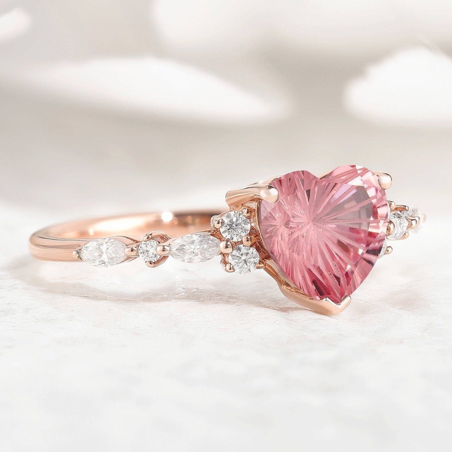 Unique Heart Cut Starbrite Cut Padparadscha Engagement Ring