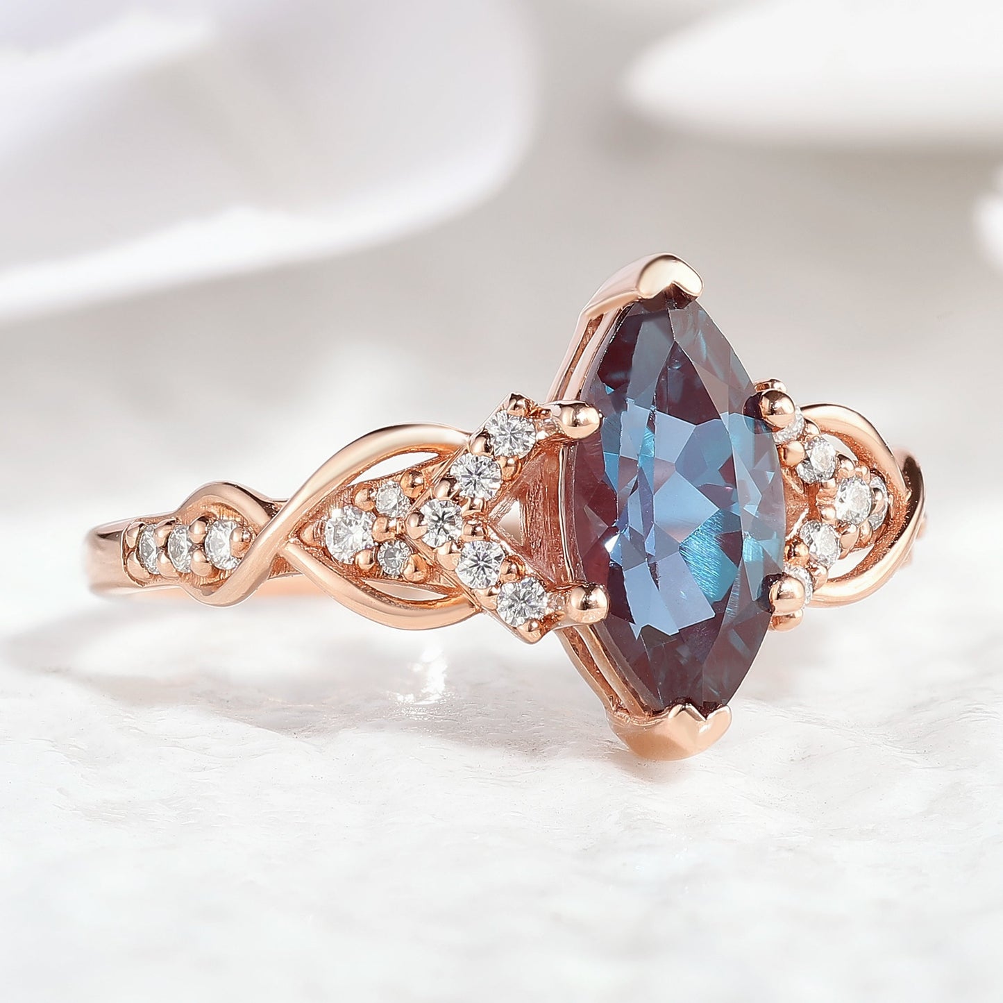 Unique Marquise Cut Alexandrite Engagement Ring Rose Gold