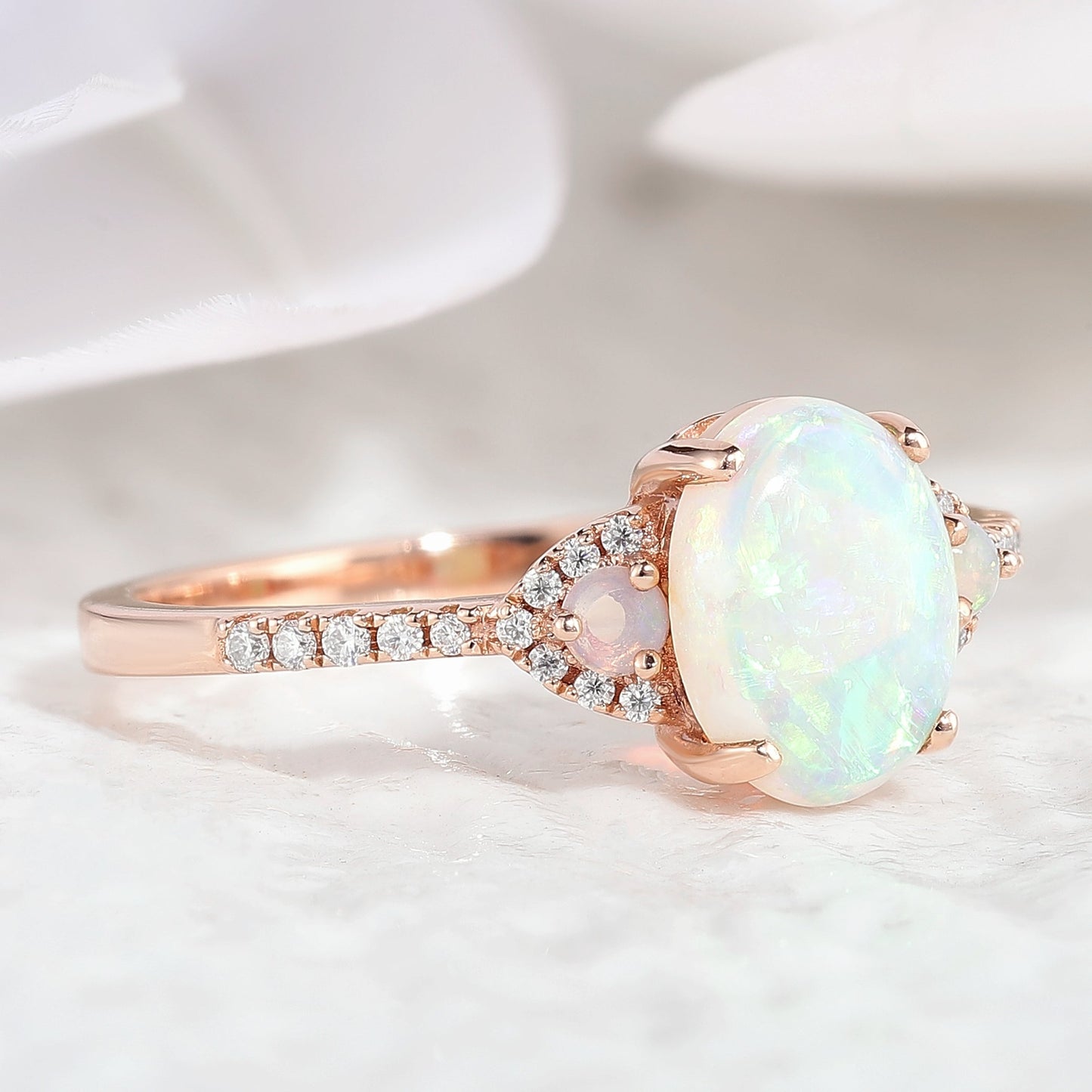 Natural Opal Oval Cut Engagement Ring with Side Stones in 14K Rose Gold