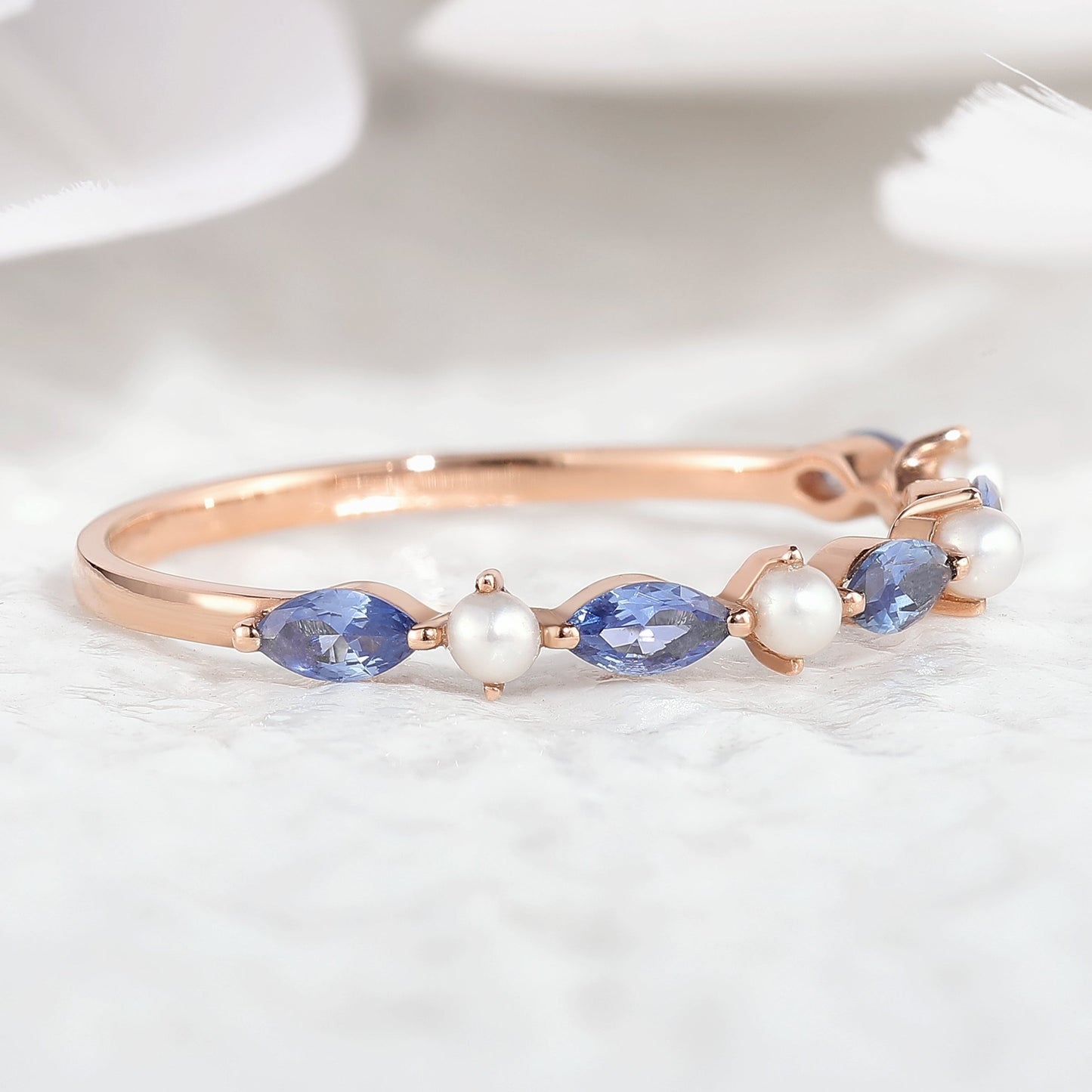 Marquise Cut Cornflower Sapphire Pearl Straight Wedding Band