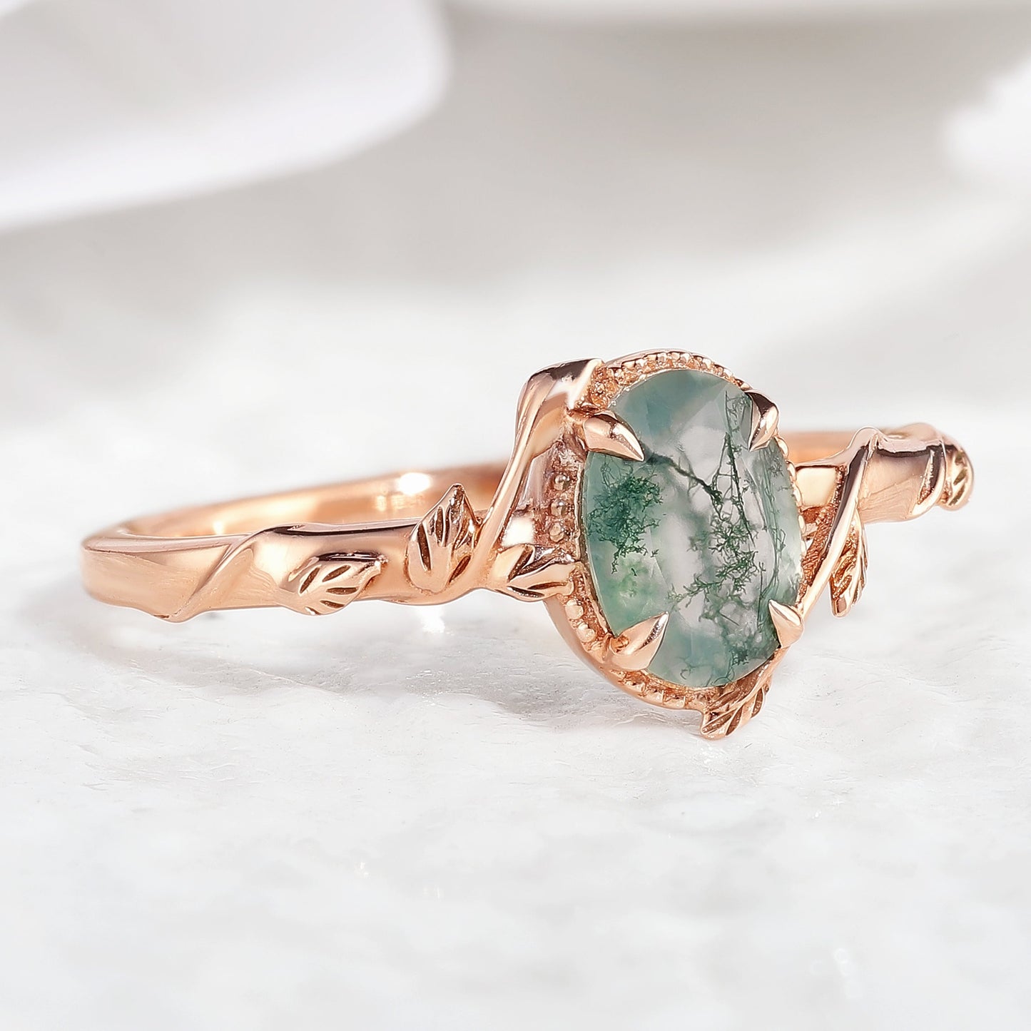 Oval Cut Nature Inspired Leafy Moss Agate Engagement Ring