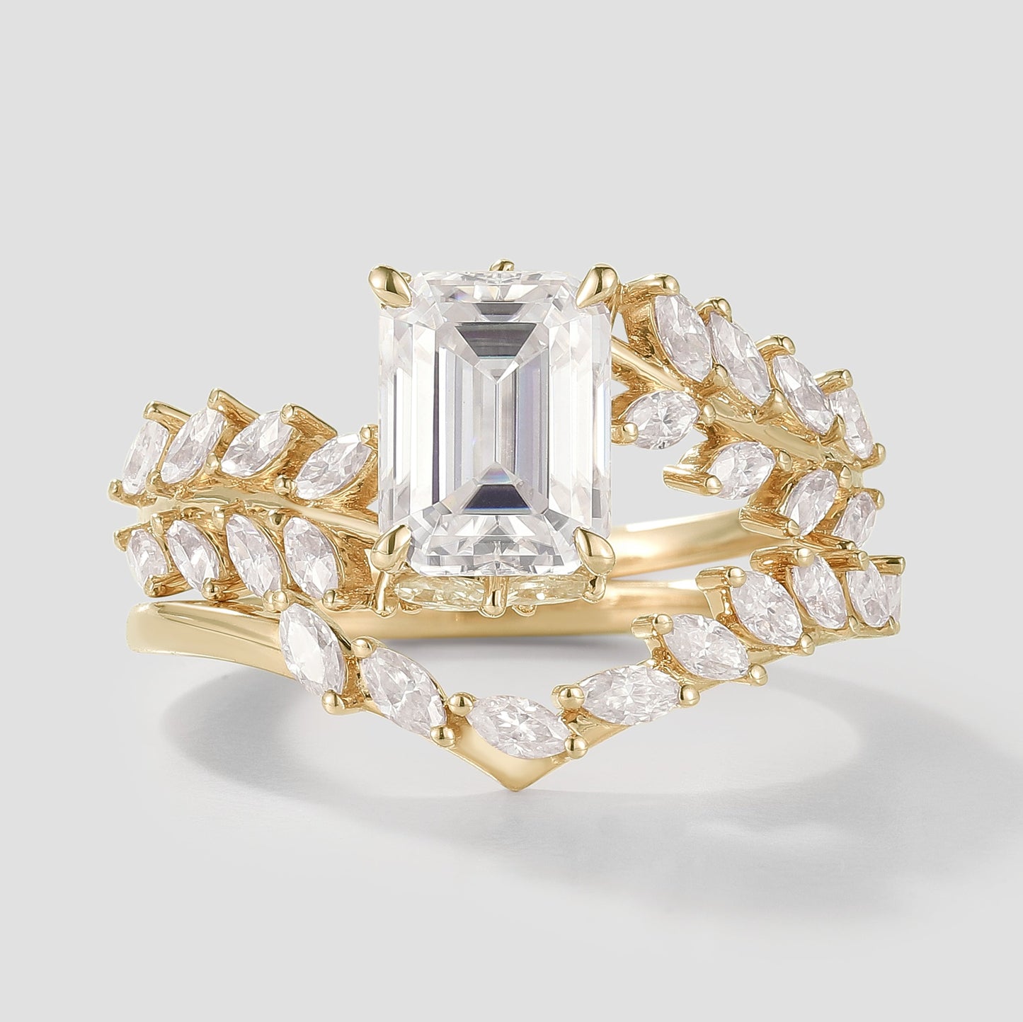 Emerald Cut Nature Inspired Leaf Moissanite Engagement Ring Set 2pcs