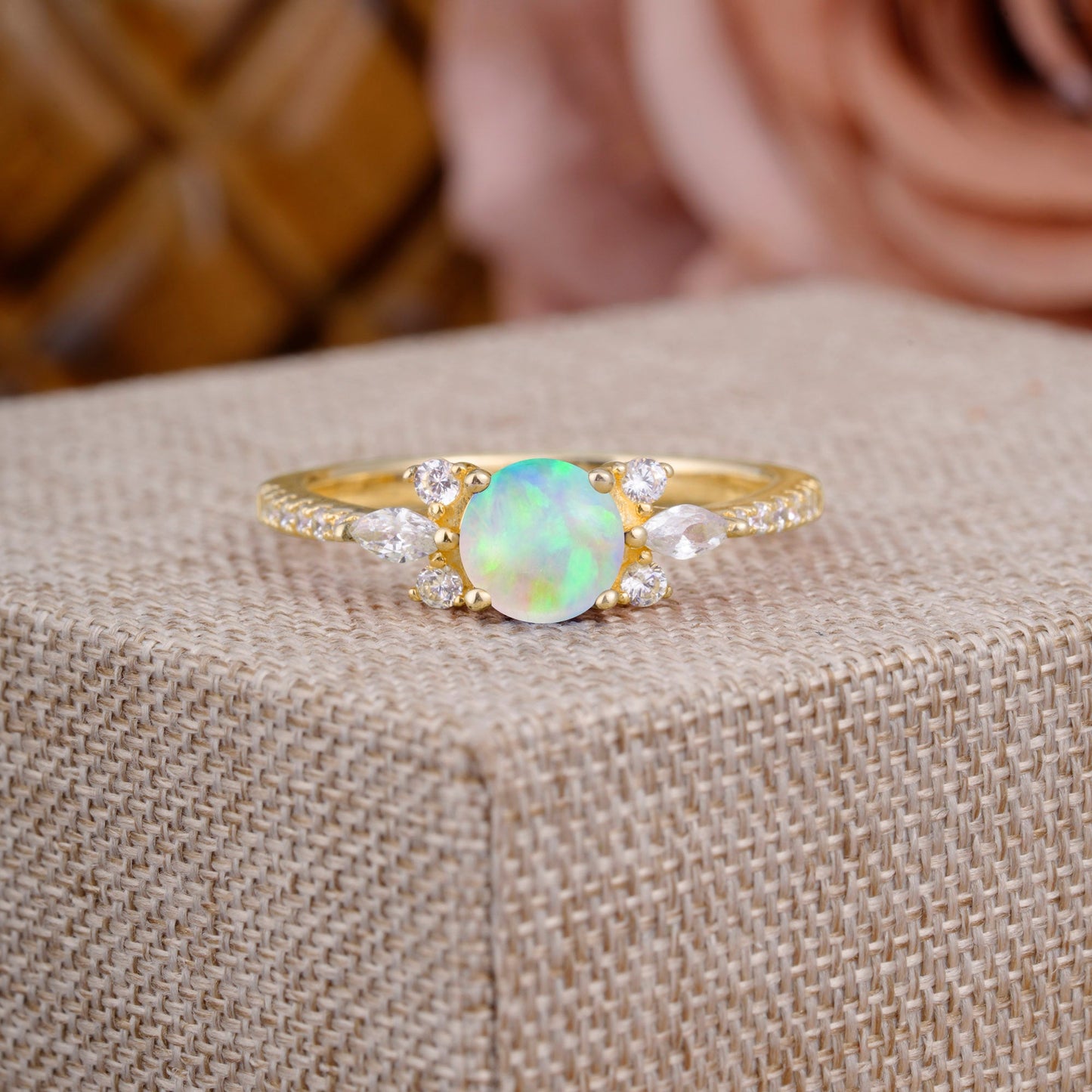 Round Cut Opal Cluster Engagement Ring 6-Prong Setting
