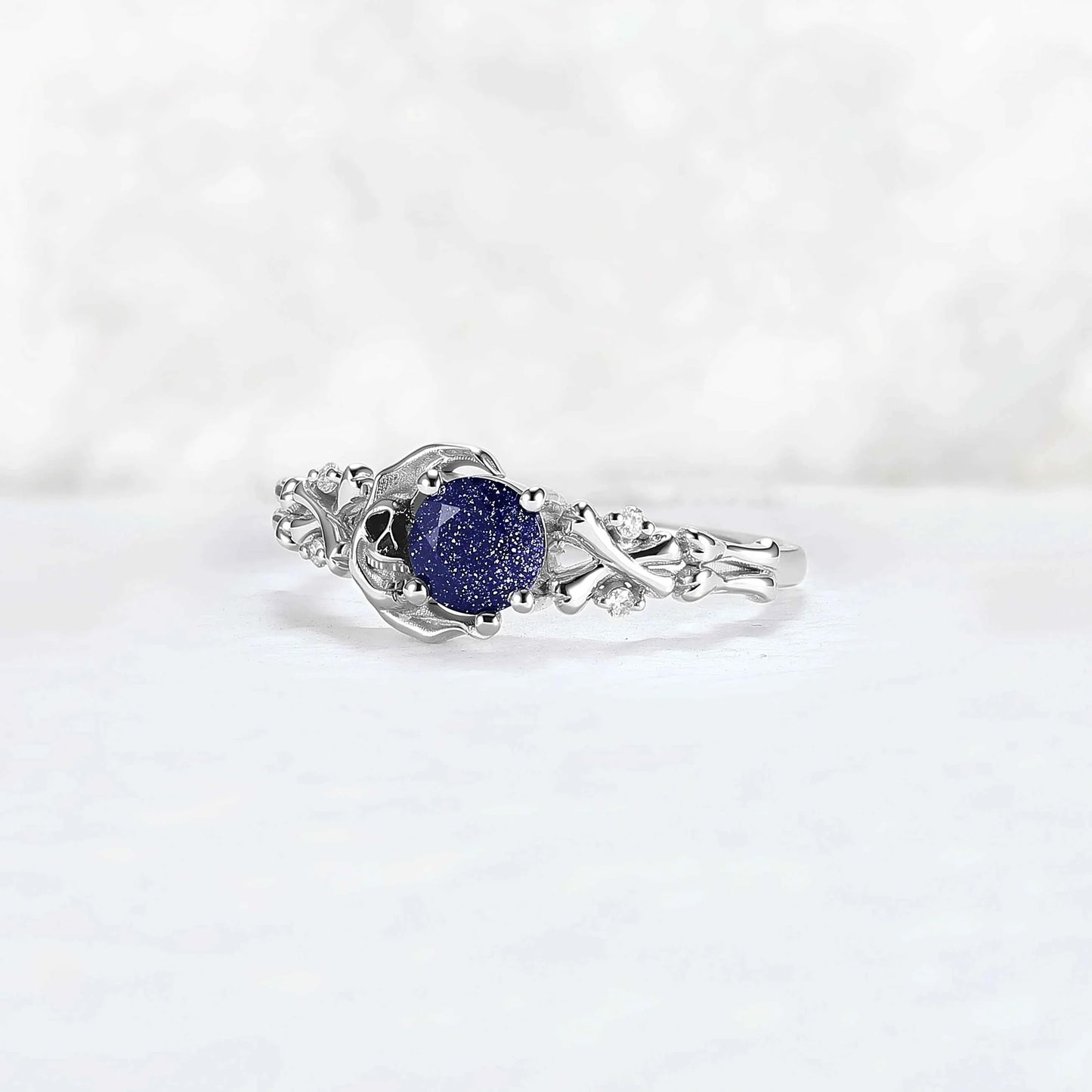 Moon Skeletons & Skull Round Cut Blue Sandstone Gemstone Ring