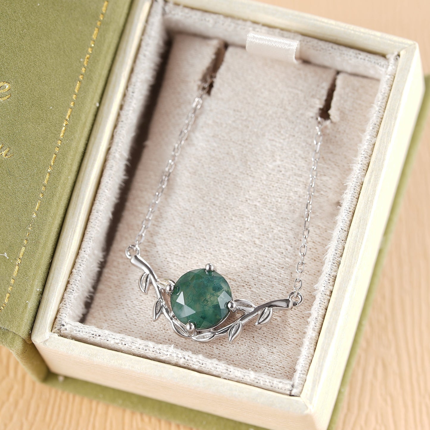 Natural Inspired Round Cut Moss Agate Olive Leafy Pendant