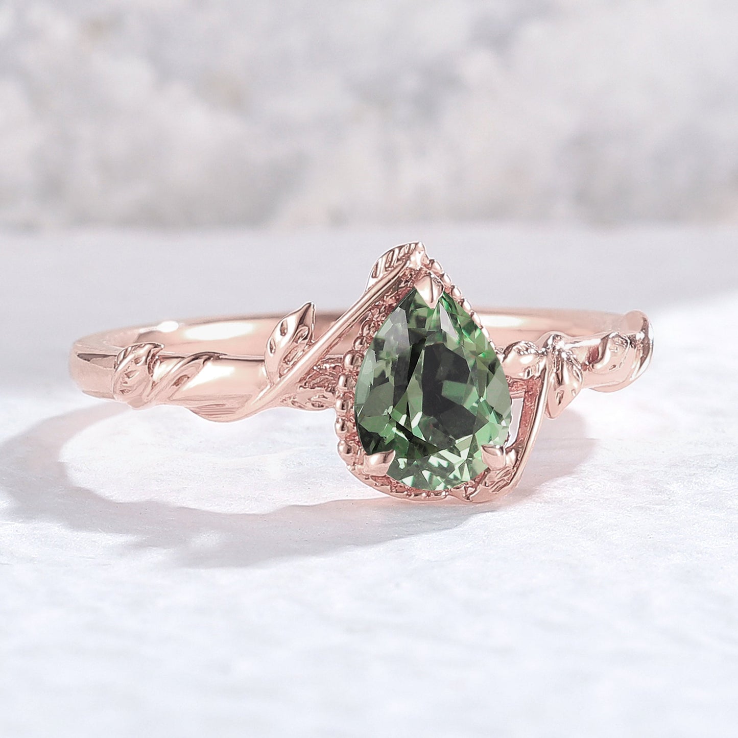 Nature Pear Shaped Lab Green Sapphire Leaf Gemstone Ring