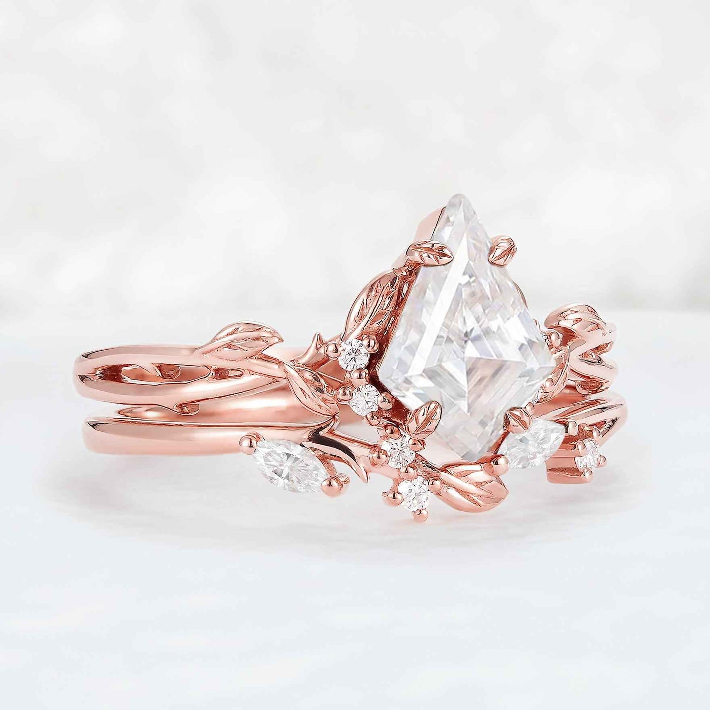 Nature Inspired Kite Cut Moissanite Leaf Gemstone Ring Set 2pcs