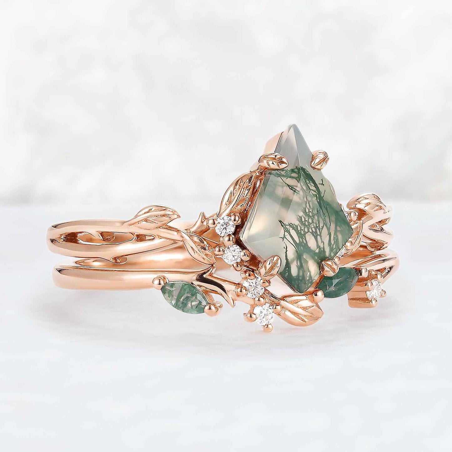 Nature Inspired Kite Cut Moss Agate Leaf Gemstone Ring Set 2pcs