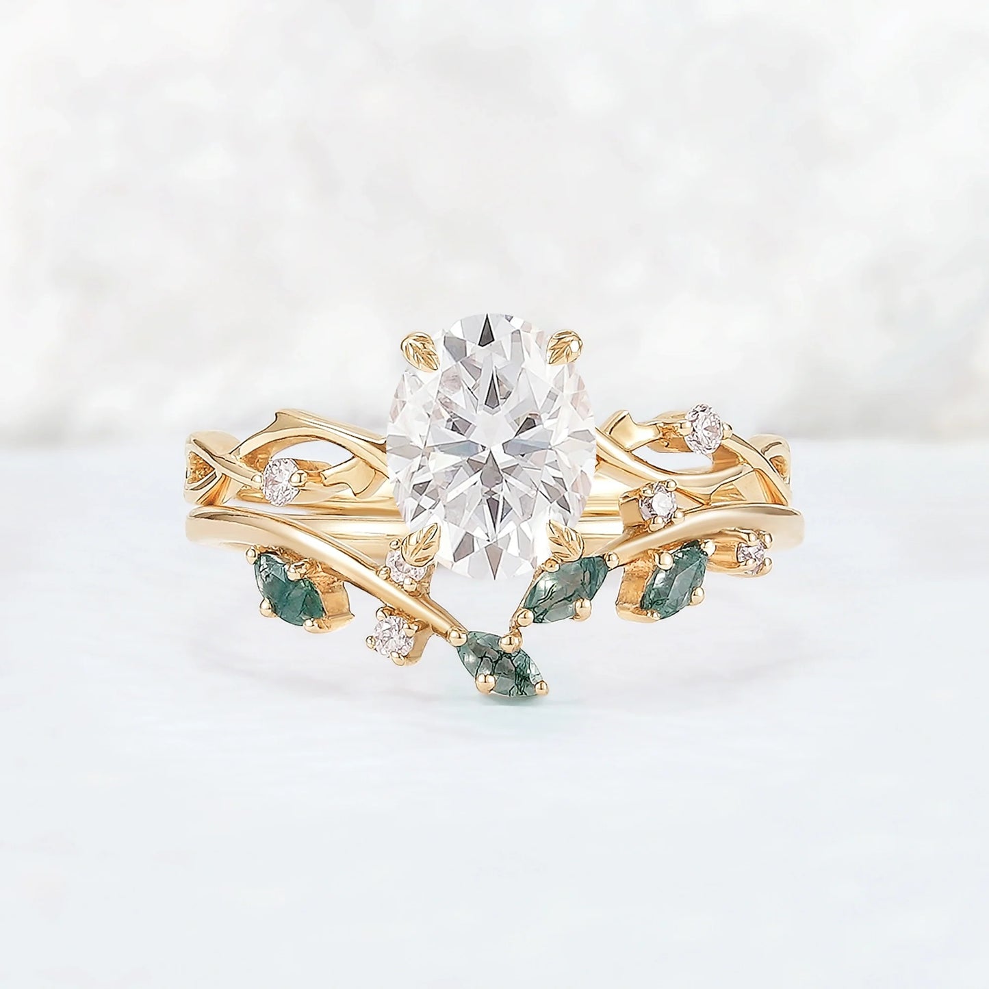Nature Inspired Oval Cut Moissanite Leaf and Vine Ring Set 2pcs