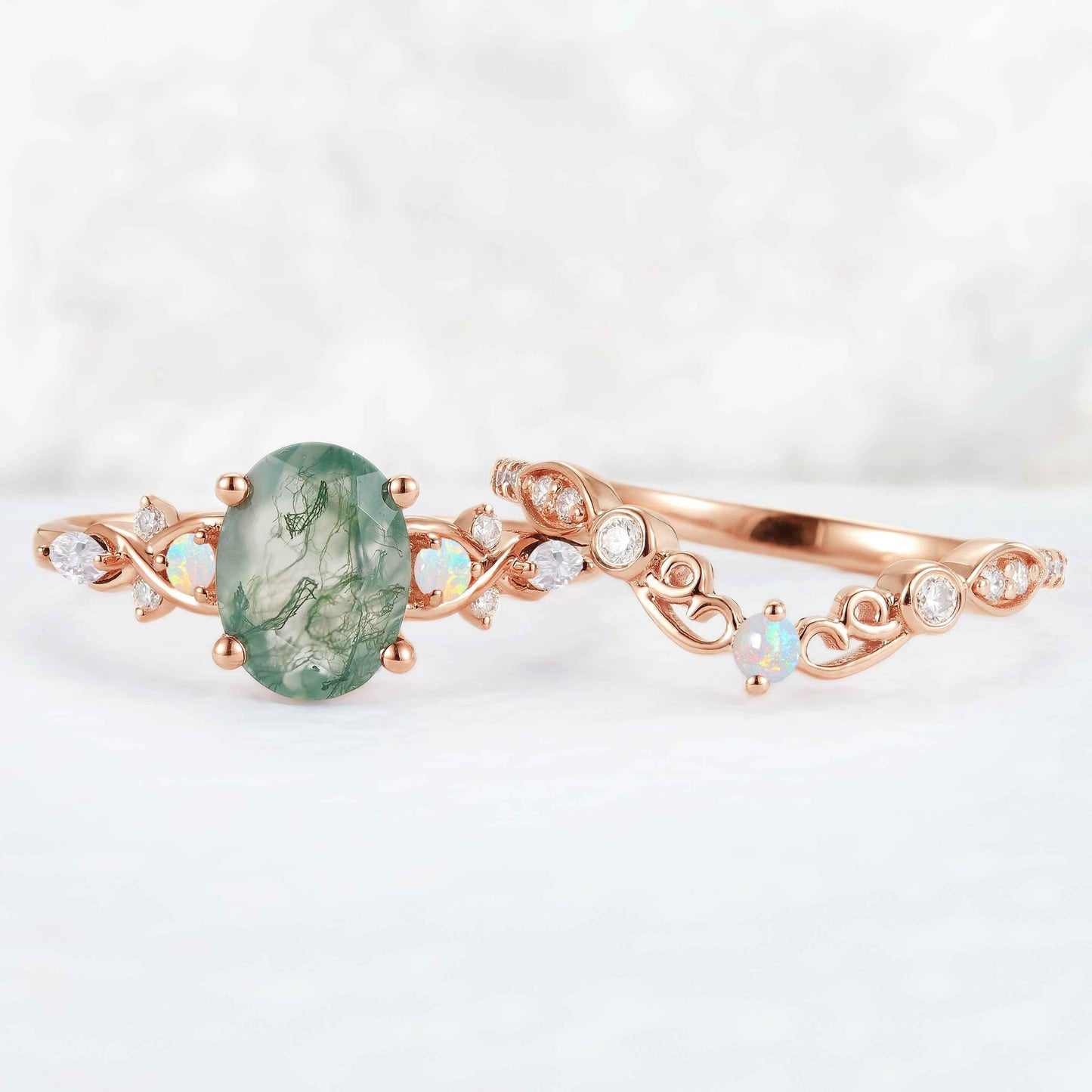 Nature Inspired Oval Cut Moss Agate Vine Twist Engagement Ring Set 2pcs