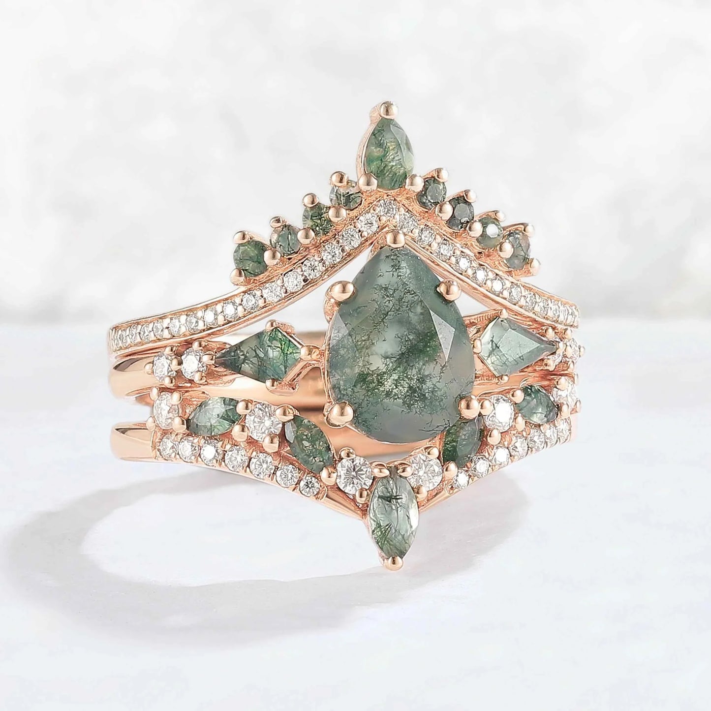 Nature Inspired Pear Cut Moss Agate Tree Shaped Gemstone Ring Set 3pcs