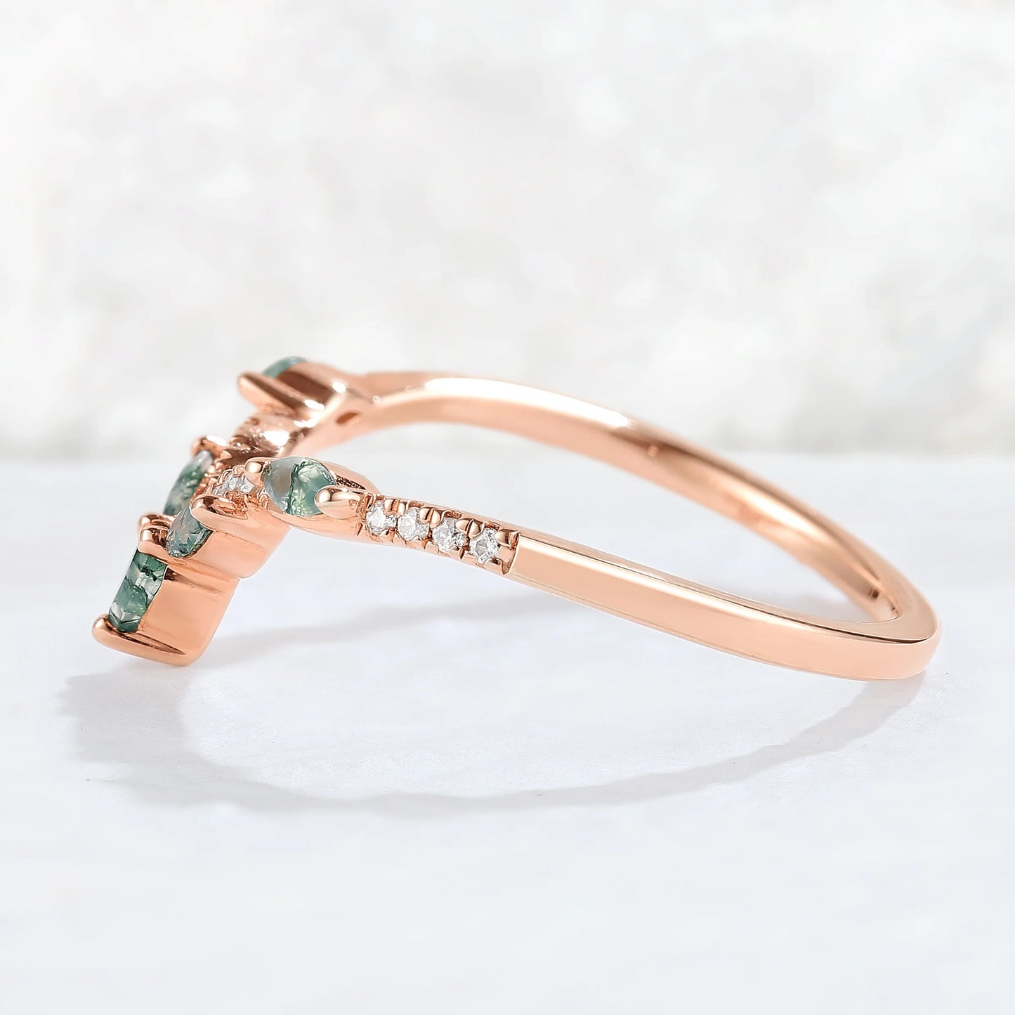 Nature Marquise Shaped Moss Agate Moissanite Stacking Ring