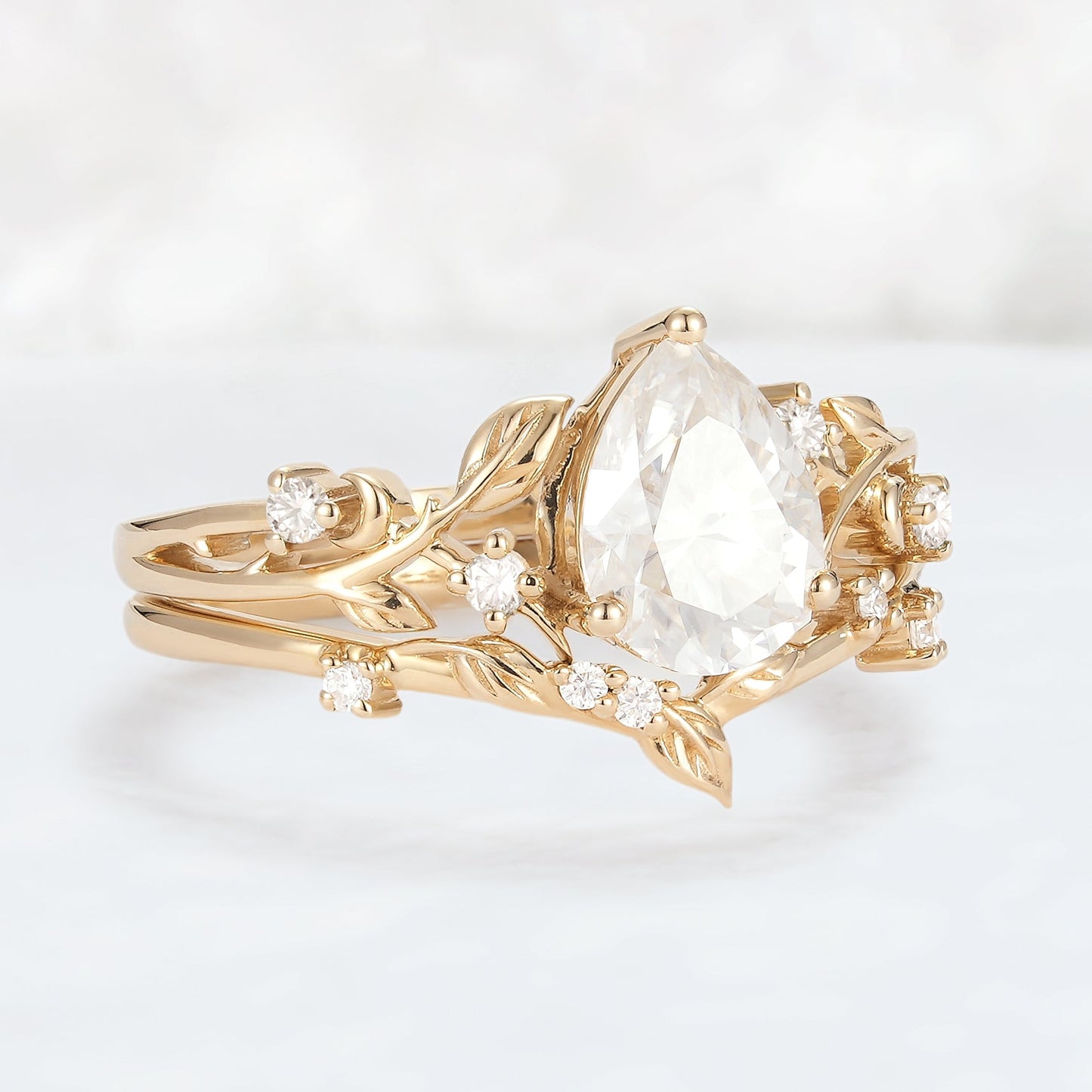 Nature Pear Cut Moissanite Leafy Gemstone Ring Set 2pcs