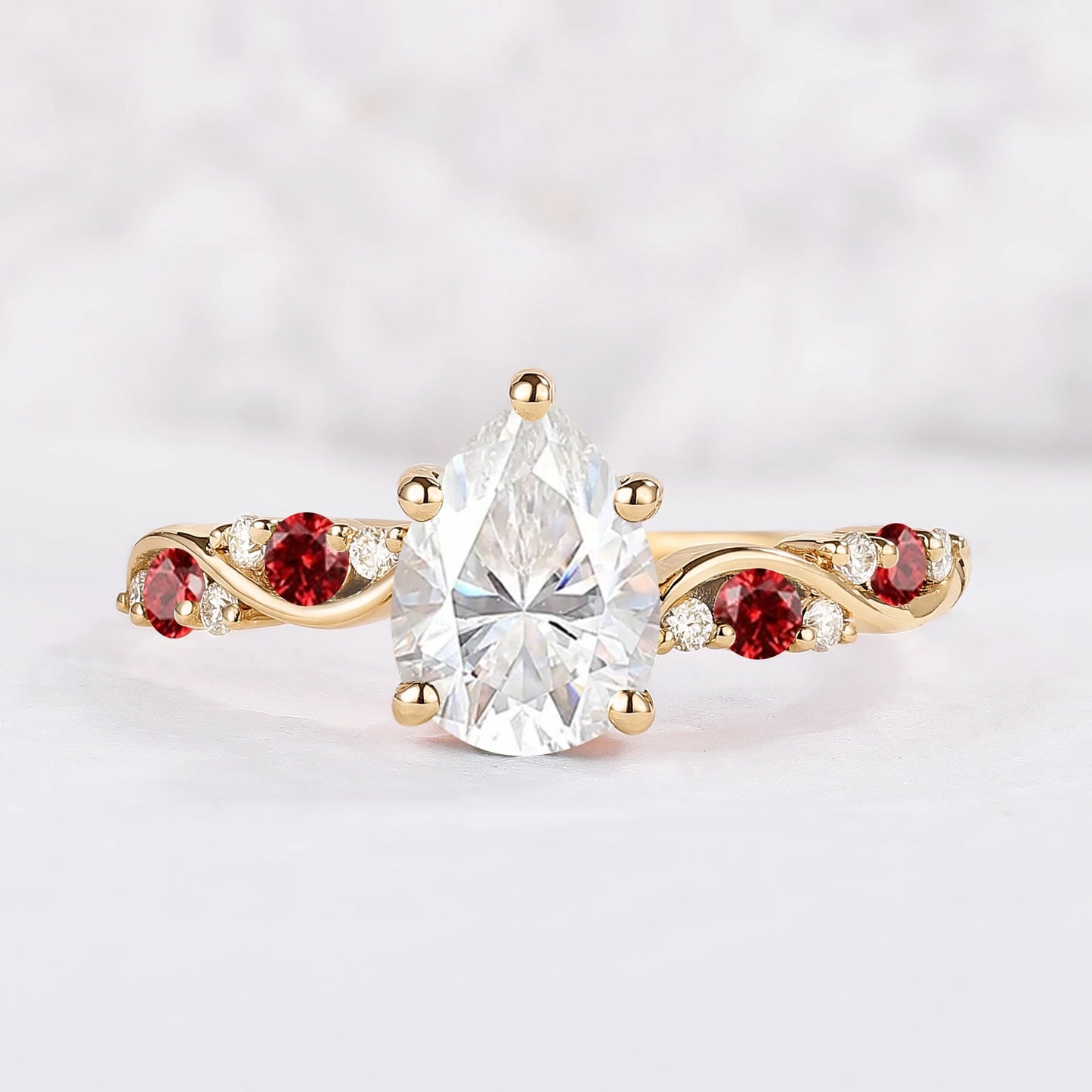 Nature Pear Shaped Moissanite and Ruby Vine Gemstone Ring