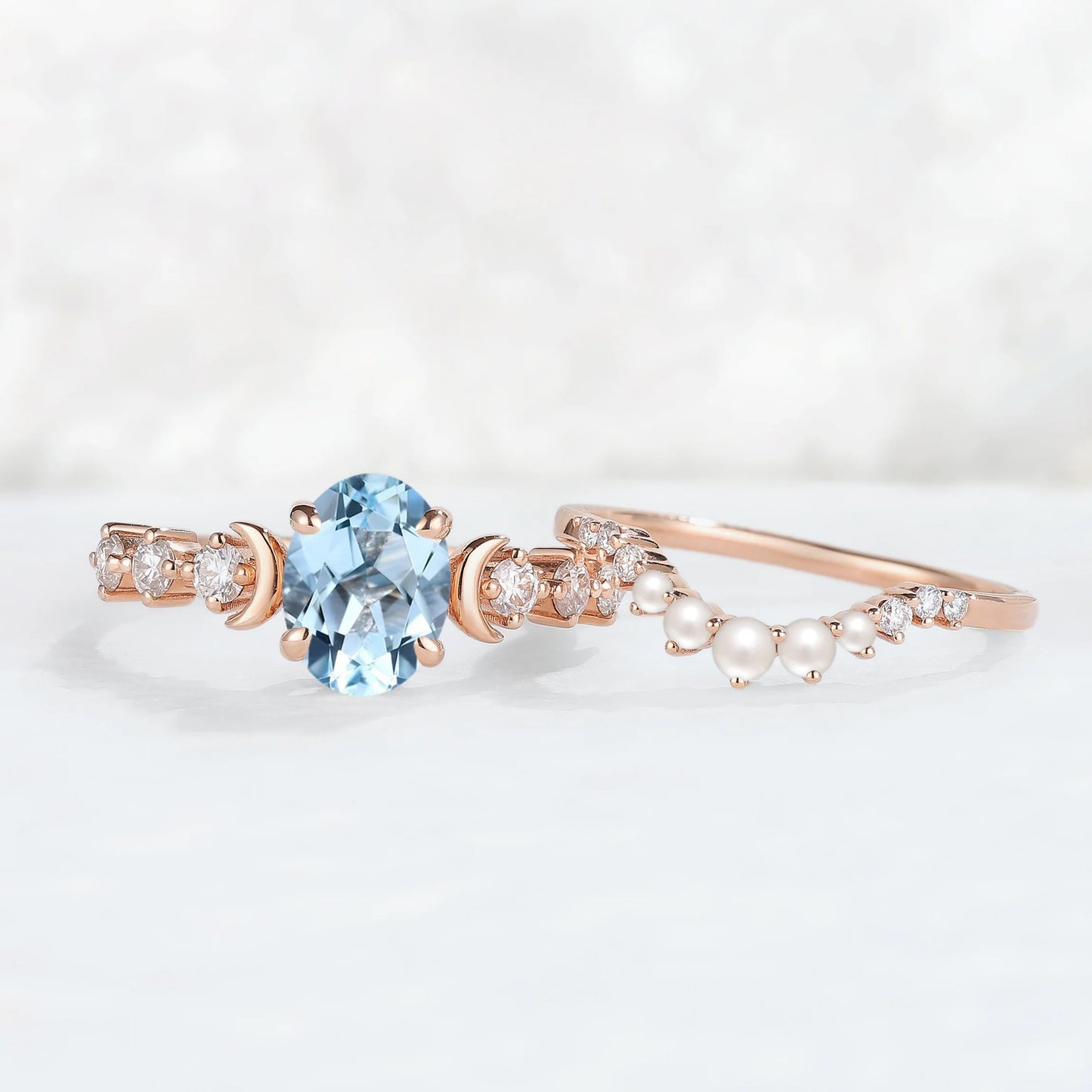 Oval Aquamarine Moon Seven Stone Gemstone Ring Set 2pcs