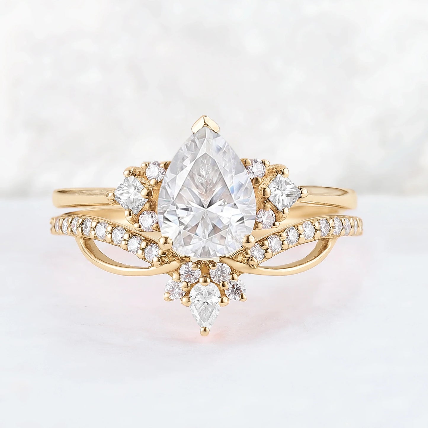 Princess Mononoke Pear Cut Moissanite Cluster Gemstone Ring Set 2pcs