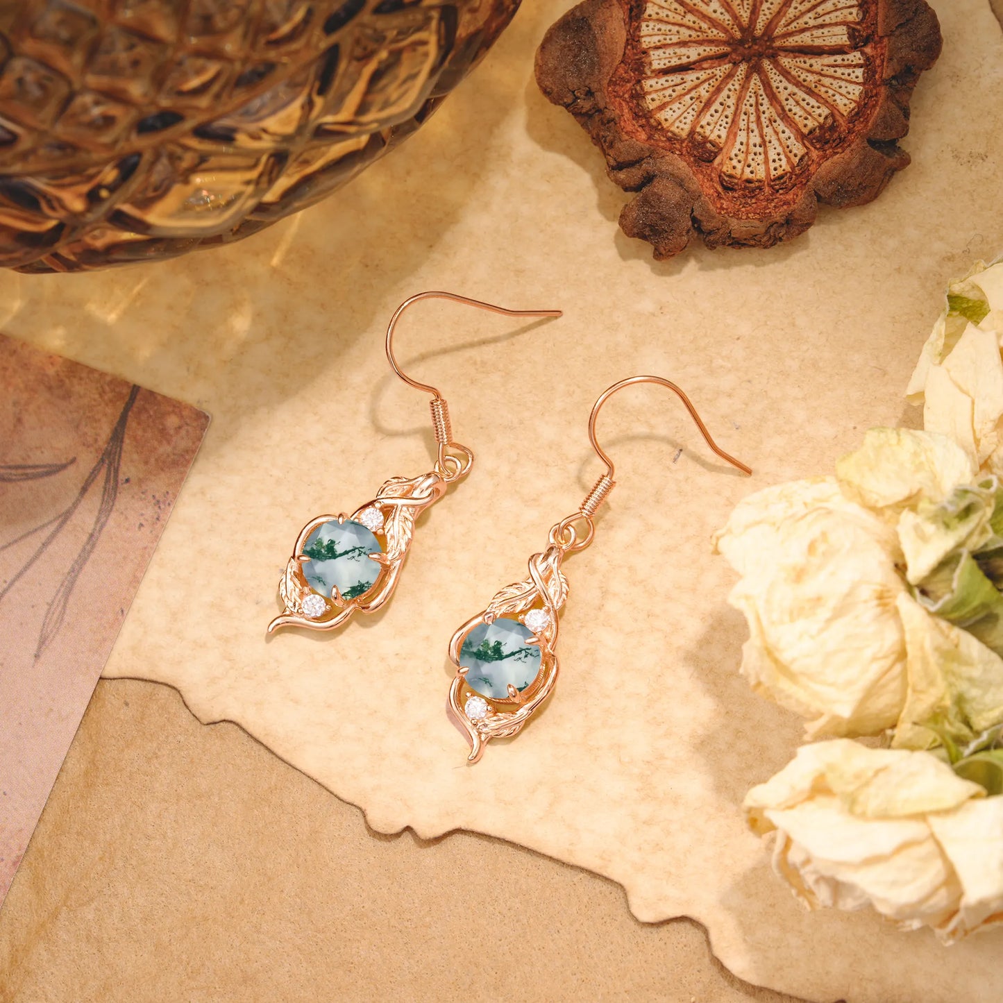 Luxury Round Cut Moss Agate Earrings with Leaf Wrap Design