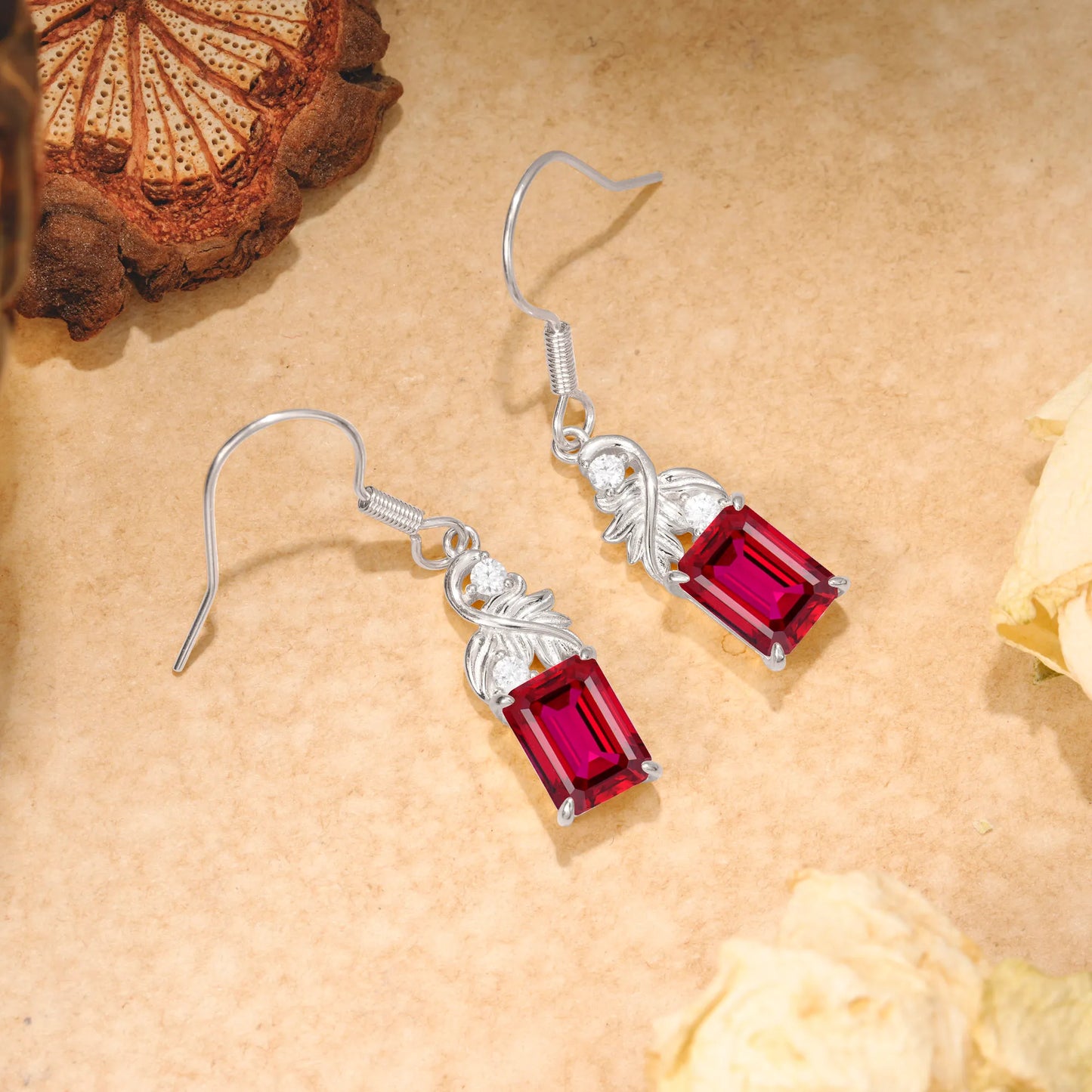 Unique Princess Cut Ruby Earrings with Leaf Detail for Women